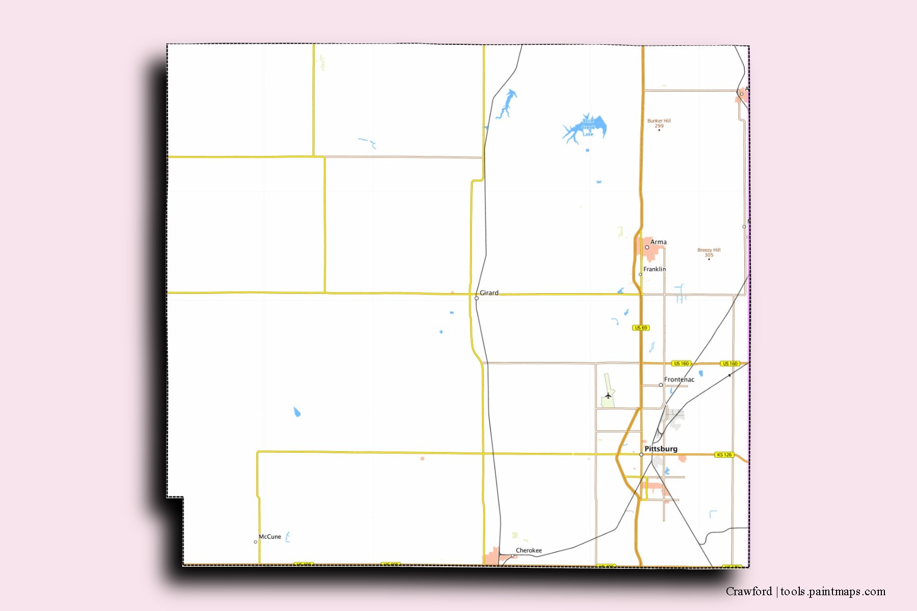 Crawford neighborhoods and villages map with 3D shadow effect