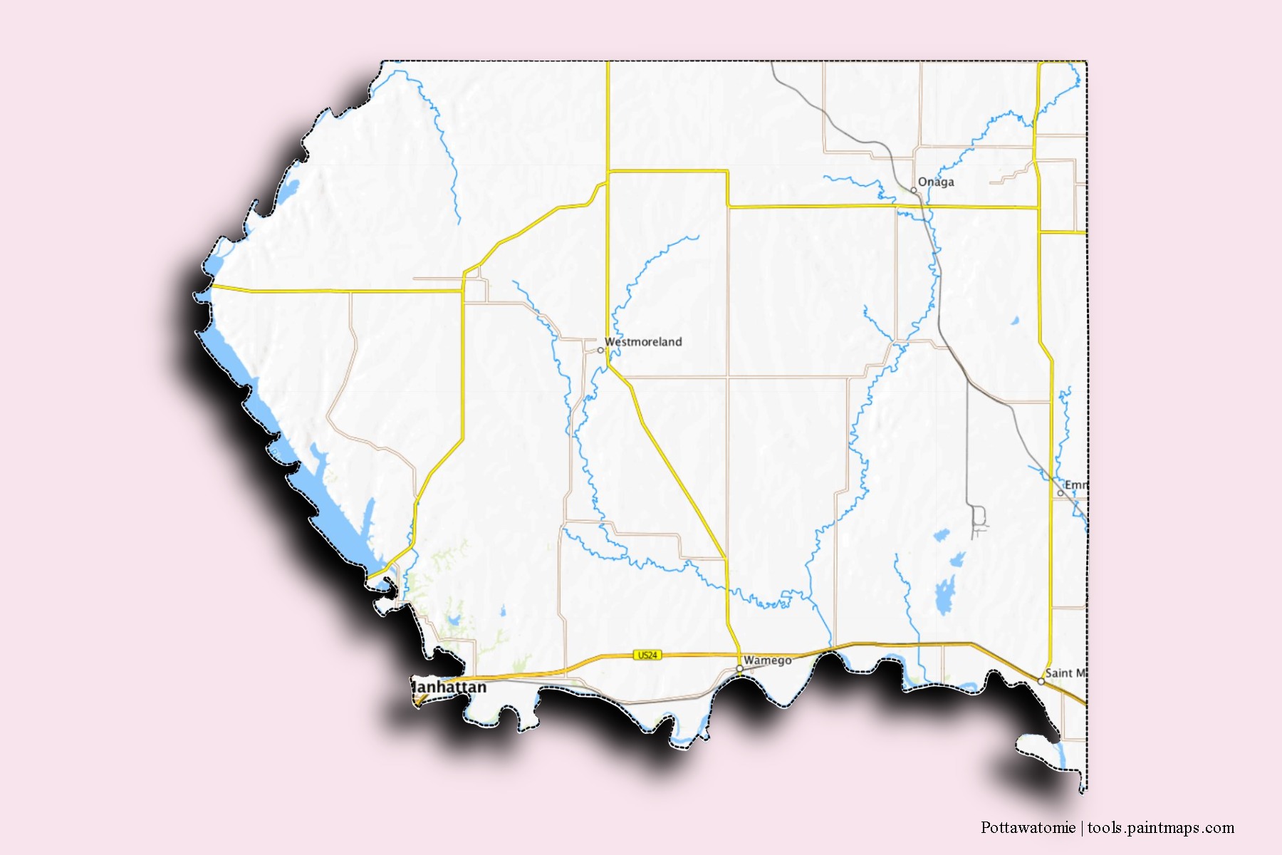 Pottawatomie neighborhoods and villages map with 3D shadow effect