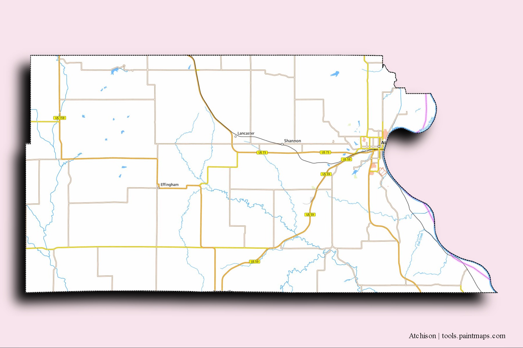 Mapa de barrios y pueblos de Atchison con efecto de sombra 3D
