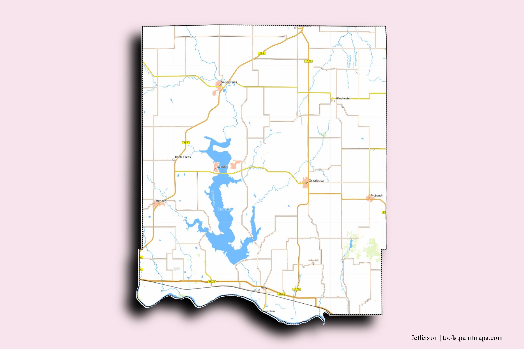 Mapa de barrios y pueblos de Jefferson con efecto de sombra 3D