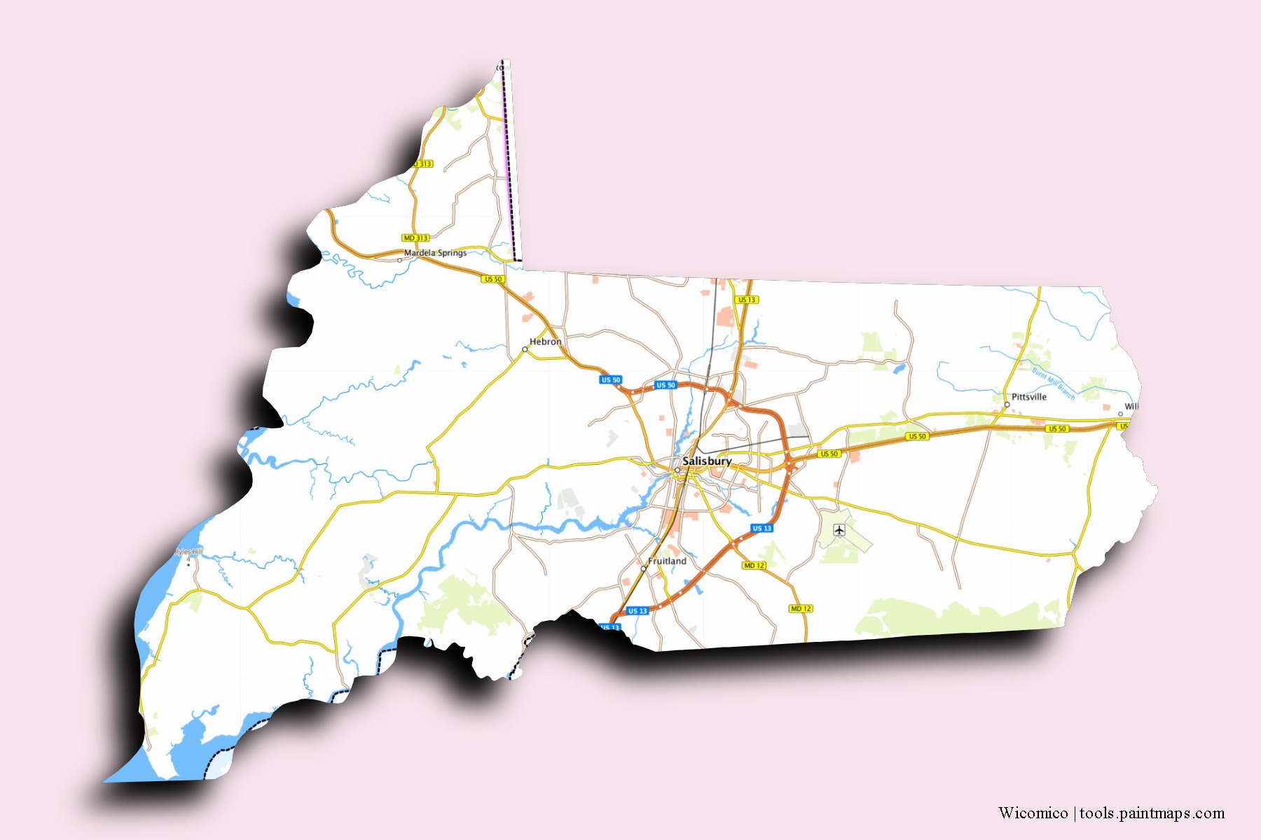 Wicomico neighborhoods and villages map with 3D shadow effect