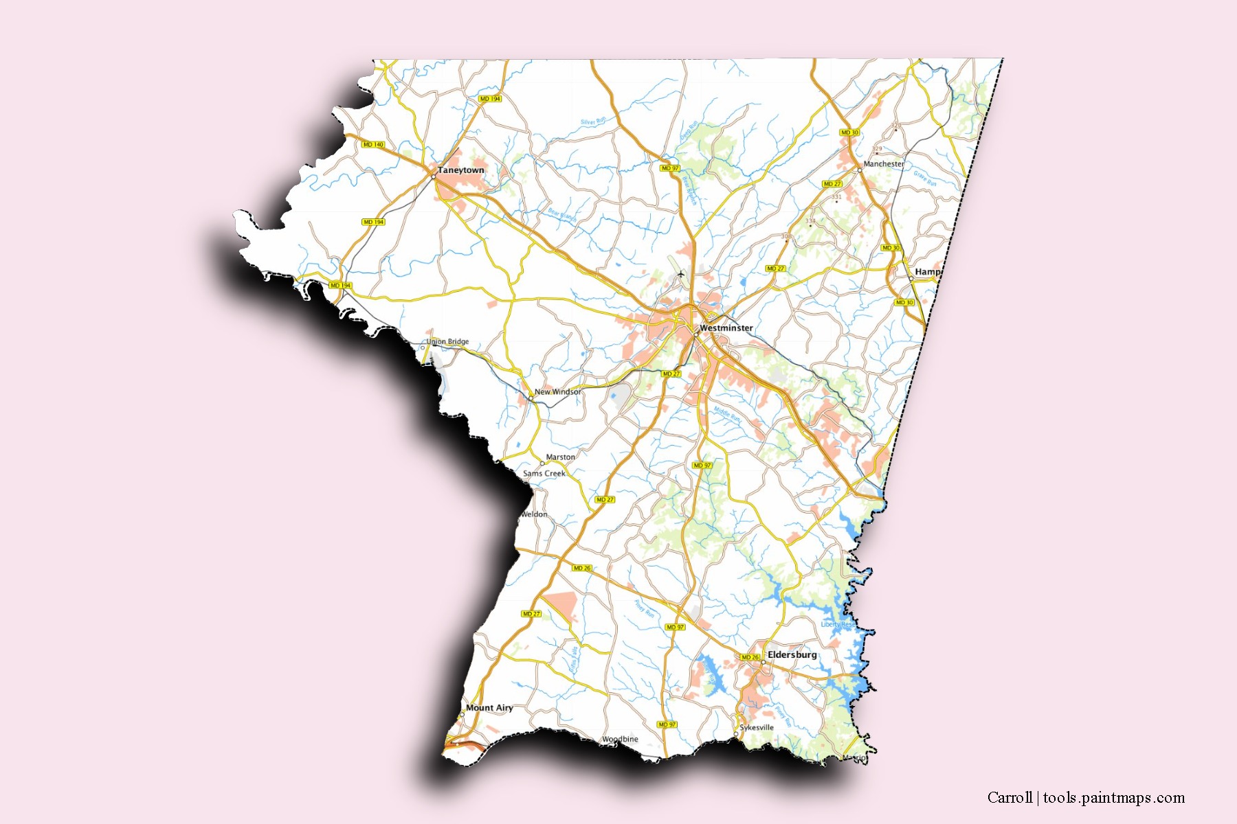 Mapa de barrios y pueblos de Carroll con efecto de sombra 3D