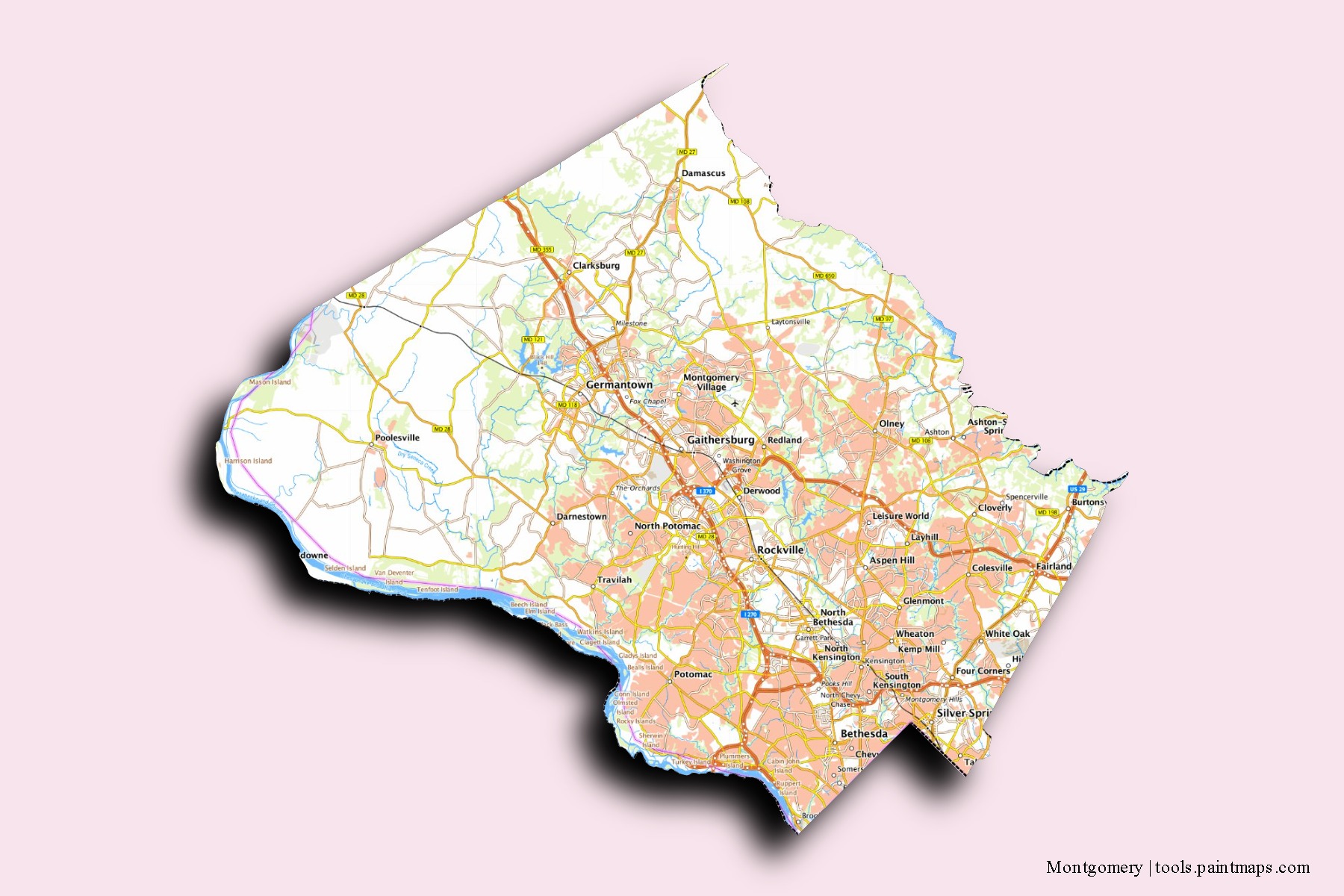 Montgomery neighborhoods and villages map with 3D shadow effect