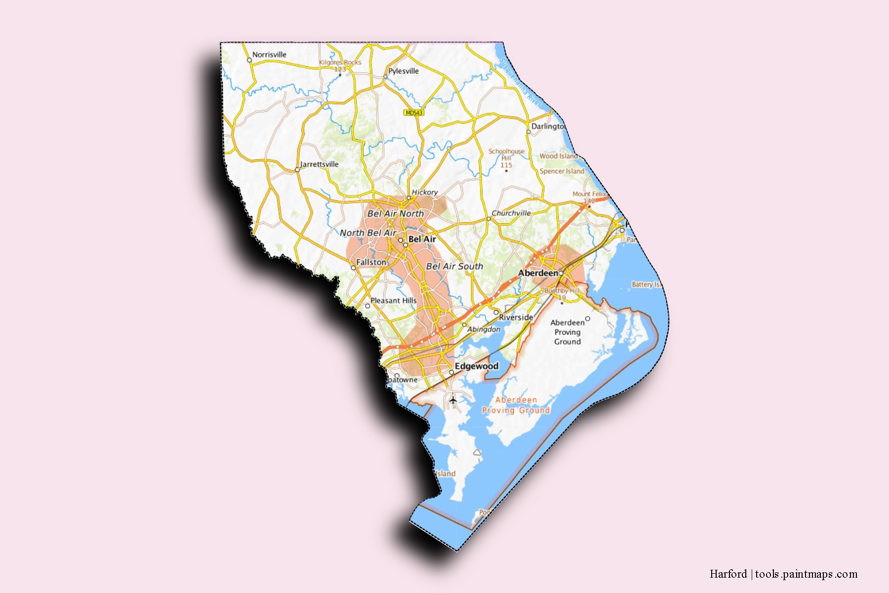 Harford neighborhoods and villages map with 3D shadow effect