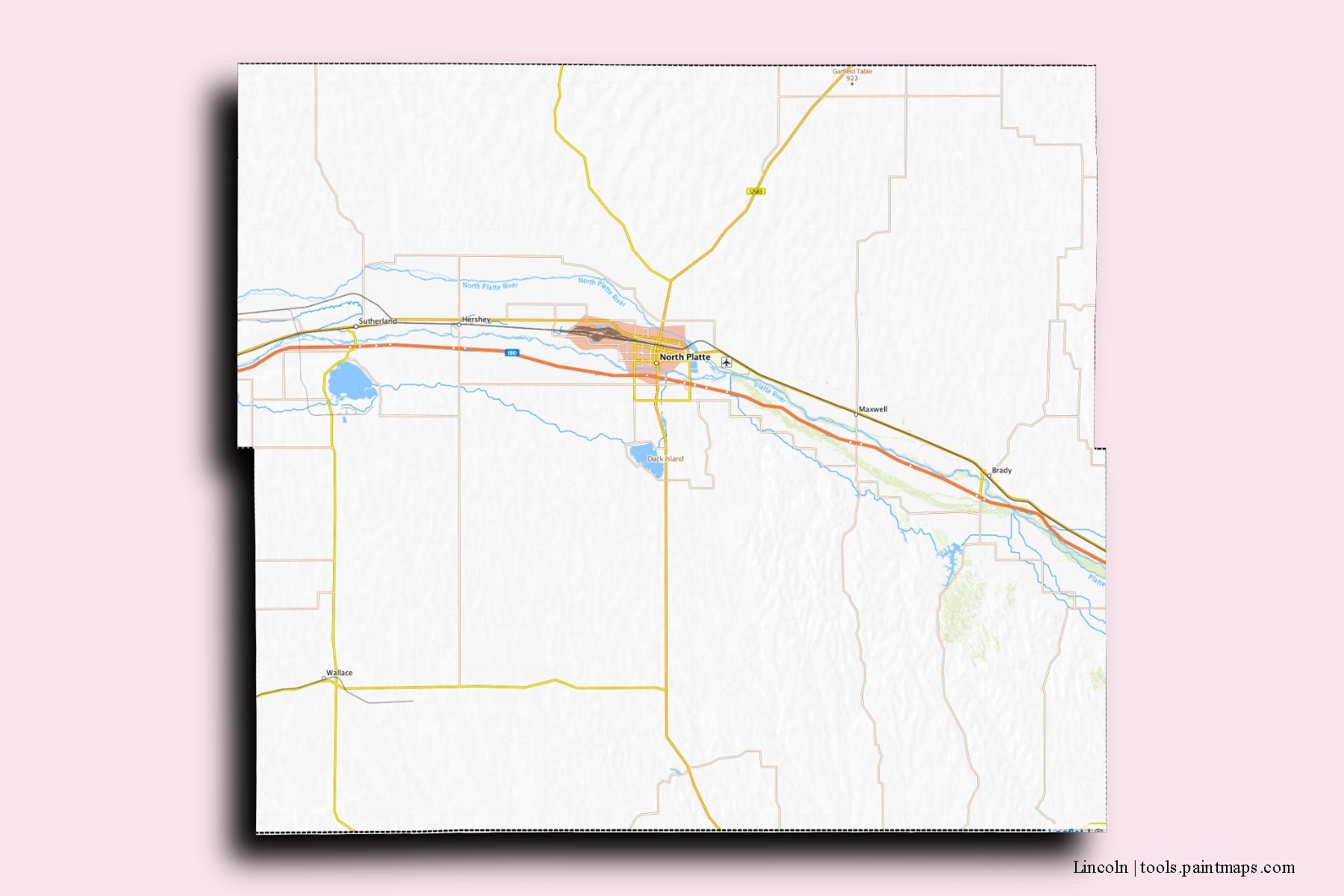 Lincoln neighborhoods and villages map with 3D shadow effect