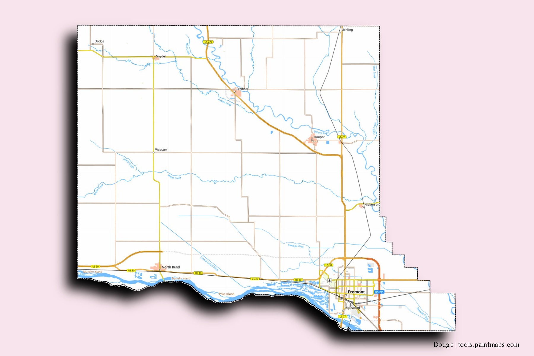 Mapa de barrios y pueblos de Dodge con efecto de sombra 3D