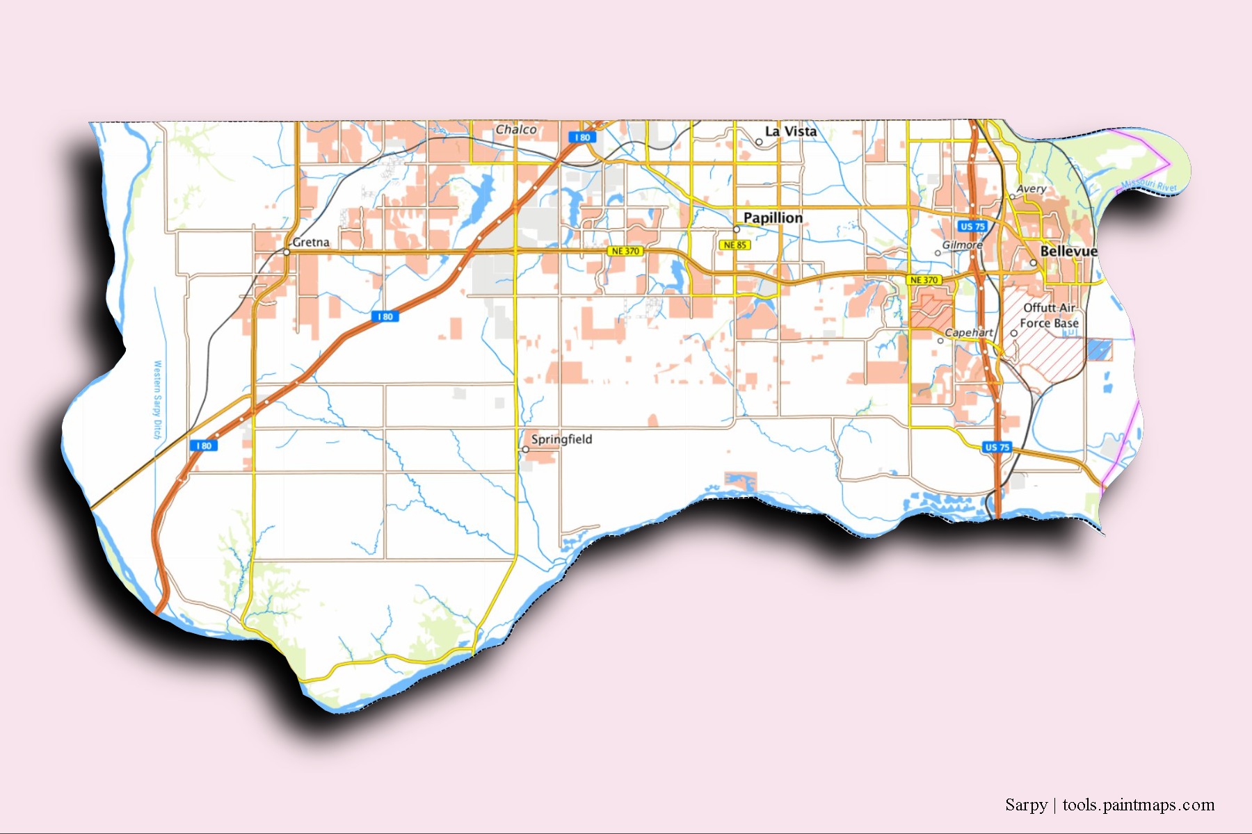 Mapa de barrios y pueblos de Sarpy con efecto de sombra 3D
