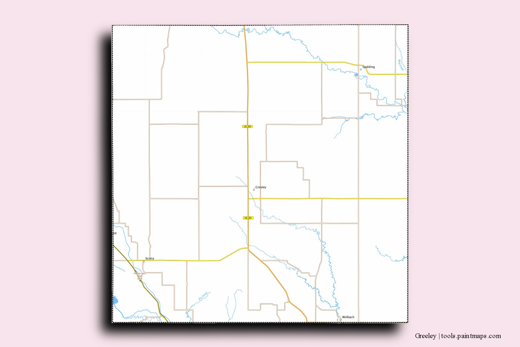 Greeley neighborhoods and villages map with 3D shadow effect