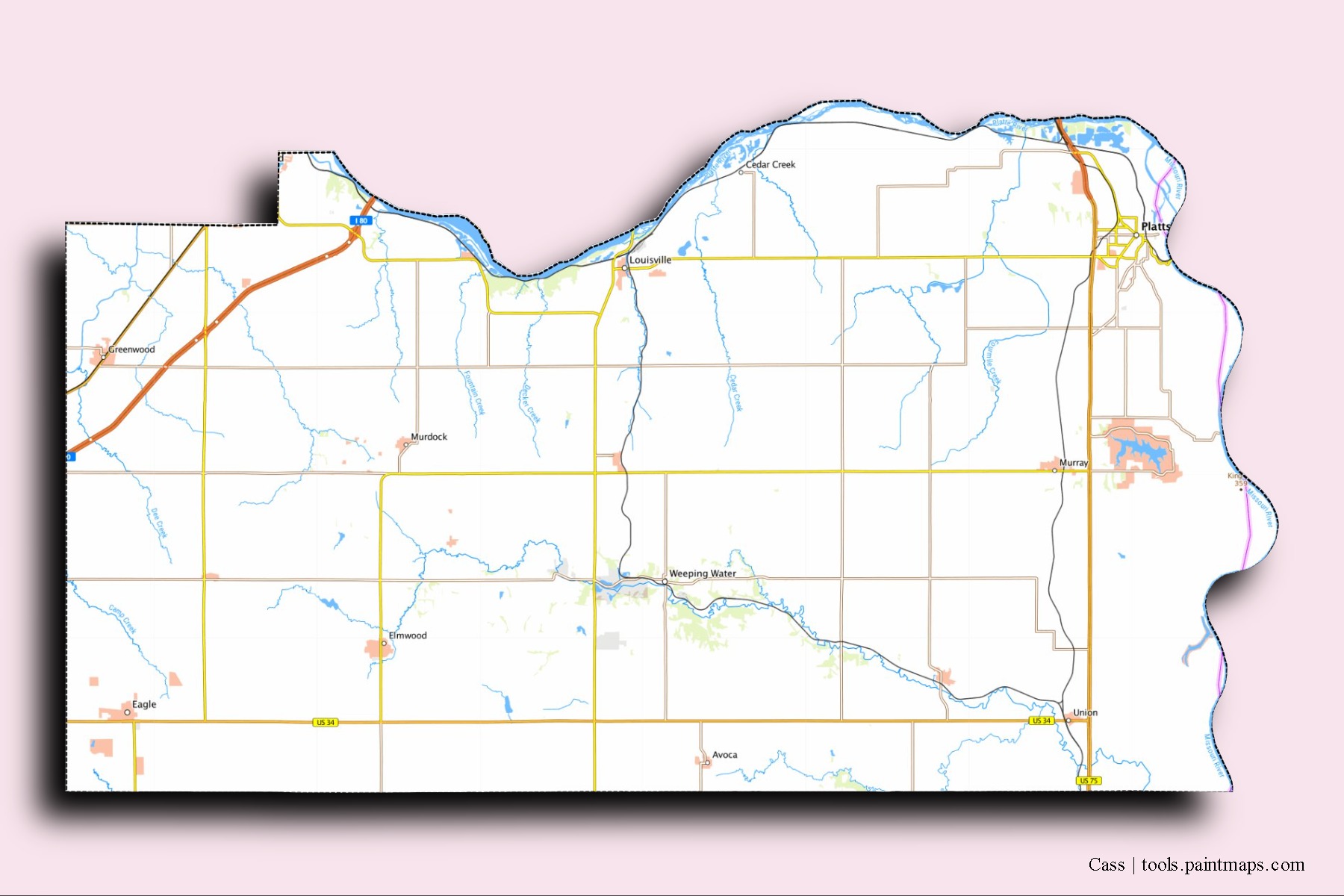 3D gölge efektli Cass County mahalleleri ve köyleri haritası