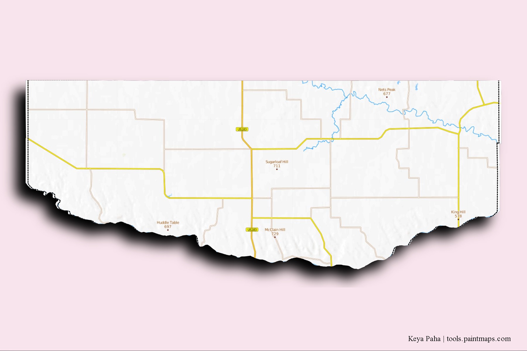 Keya Paha neighborhoods and villages map with 3D shadow effect