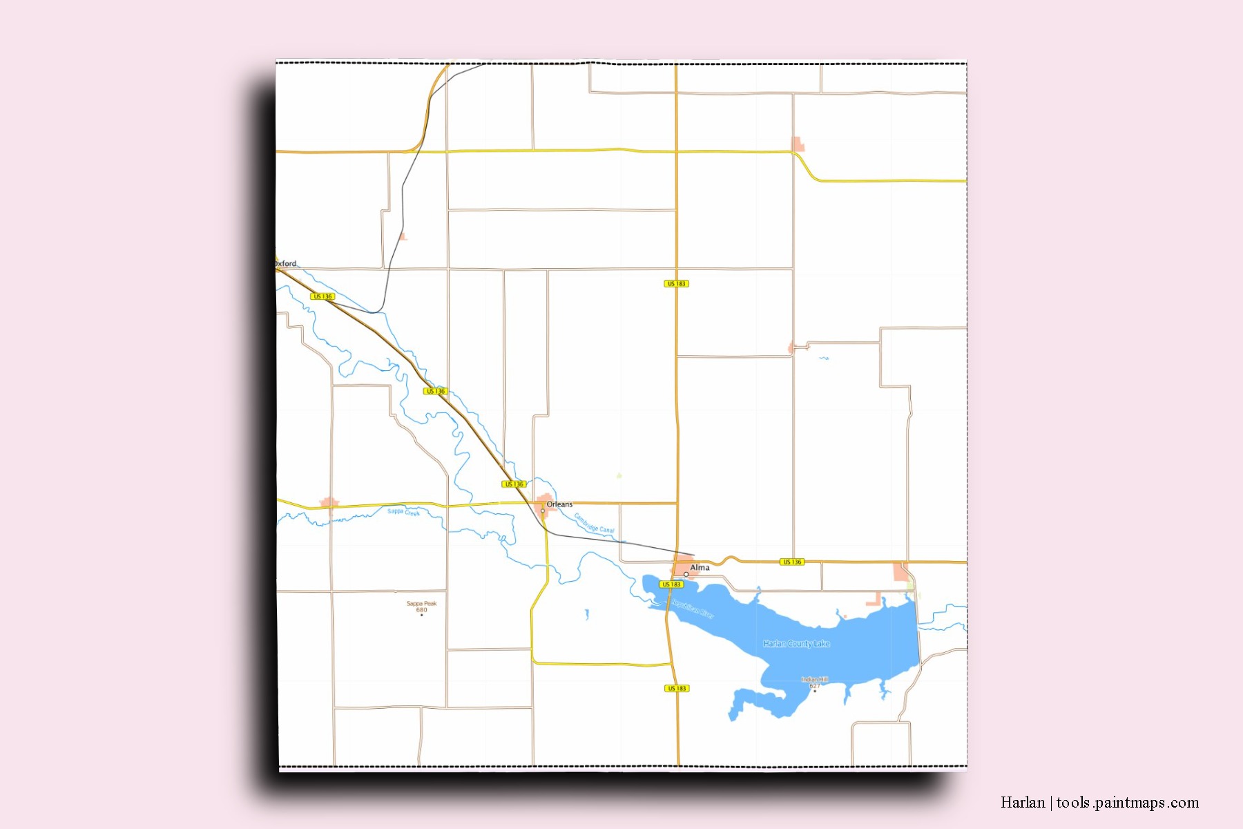 Harlan neighborhoods and villages map with 3D shadow effect