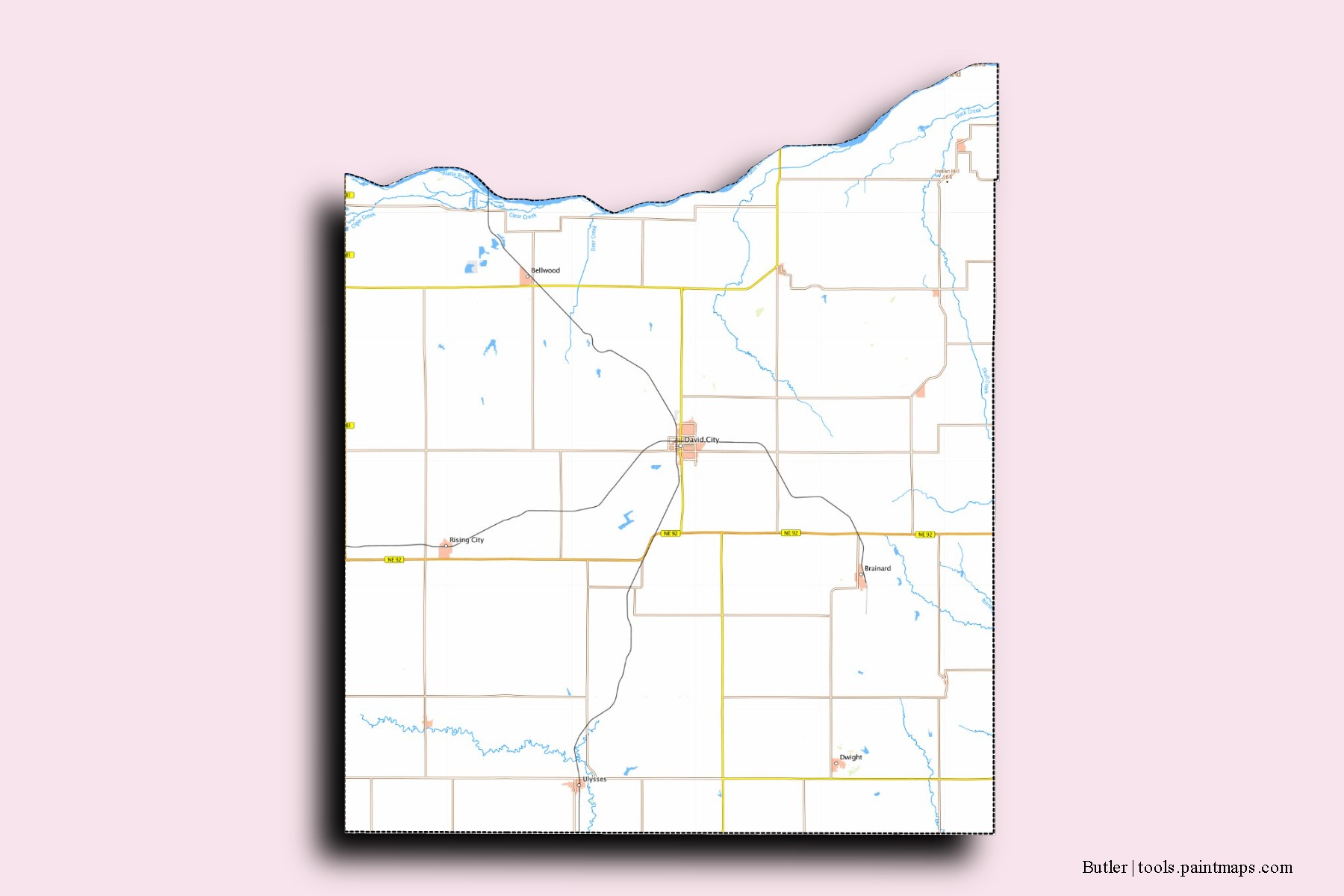 Butler neighborhoods and villages map with 3D shadow effect