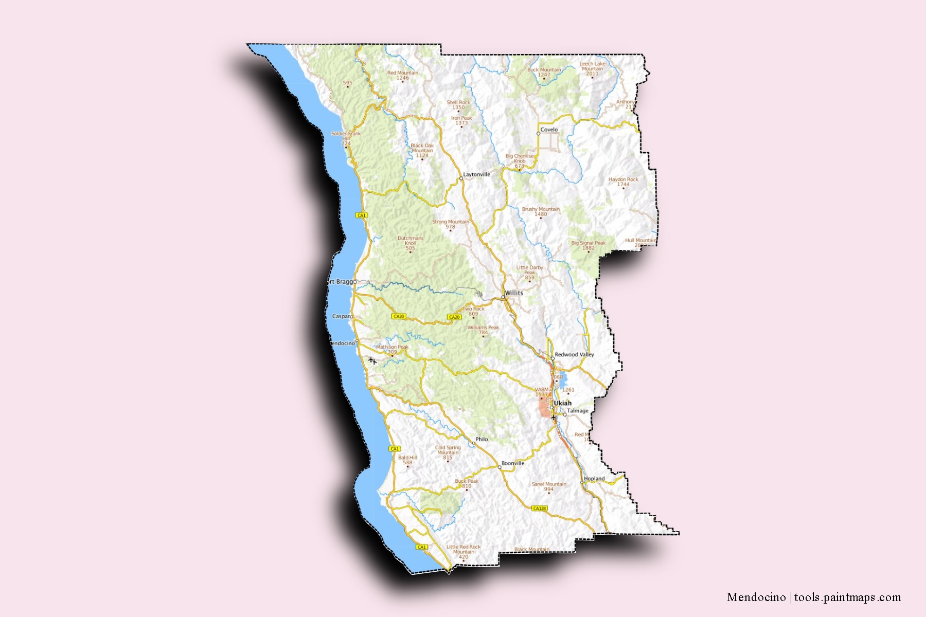 Mendocino neighborhoods and villages map with 3D shadow effect