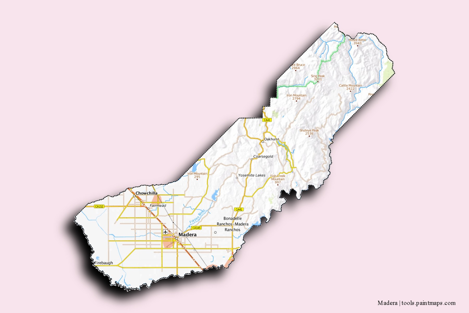 Madera neighborhoods and villages map with 3D shadow effect