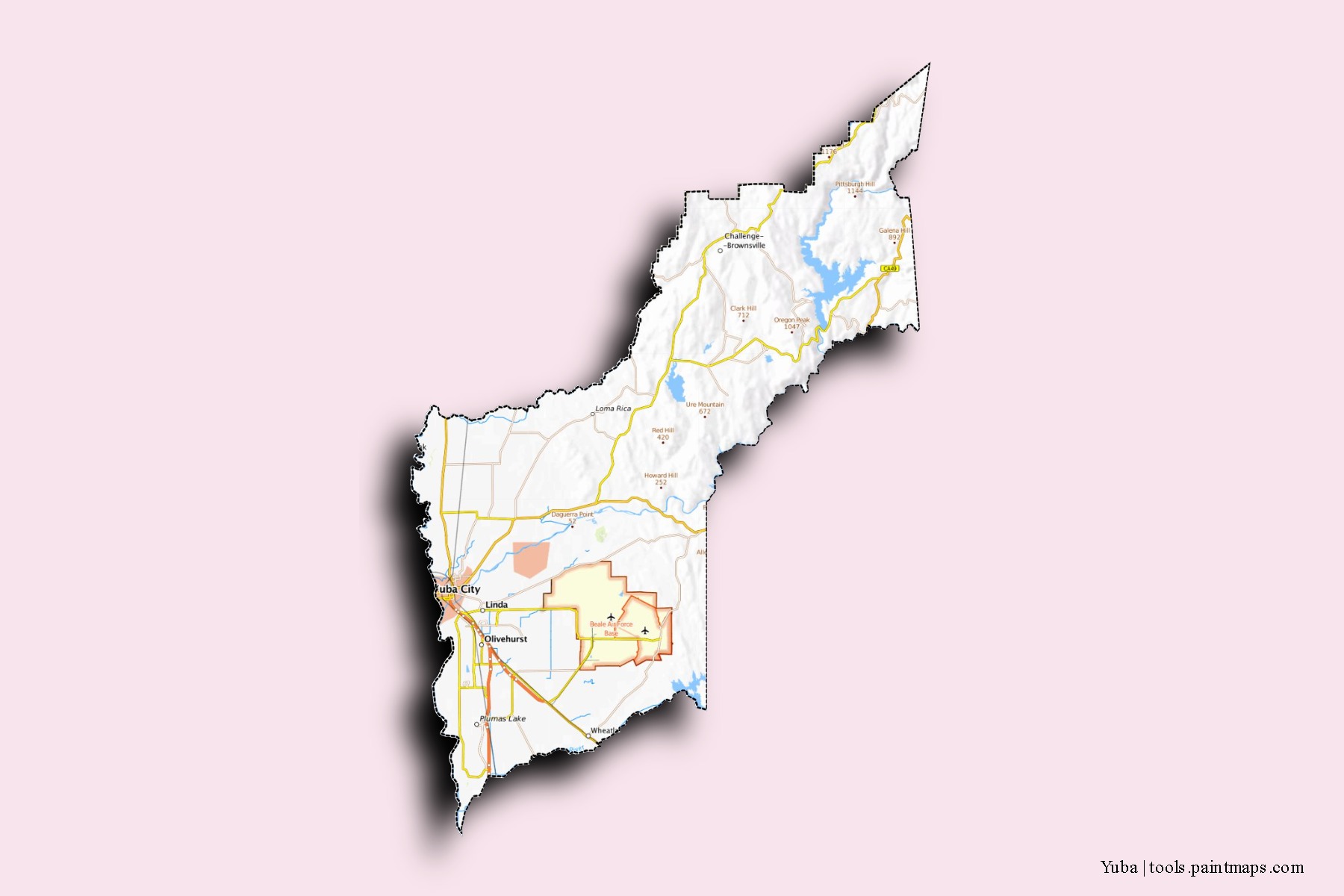 Mapa de barrios y pueblos de Yuba con efecto de sombra 3D