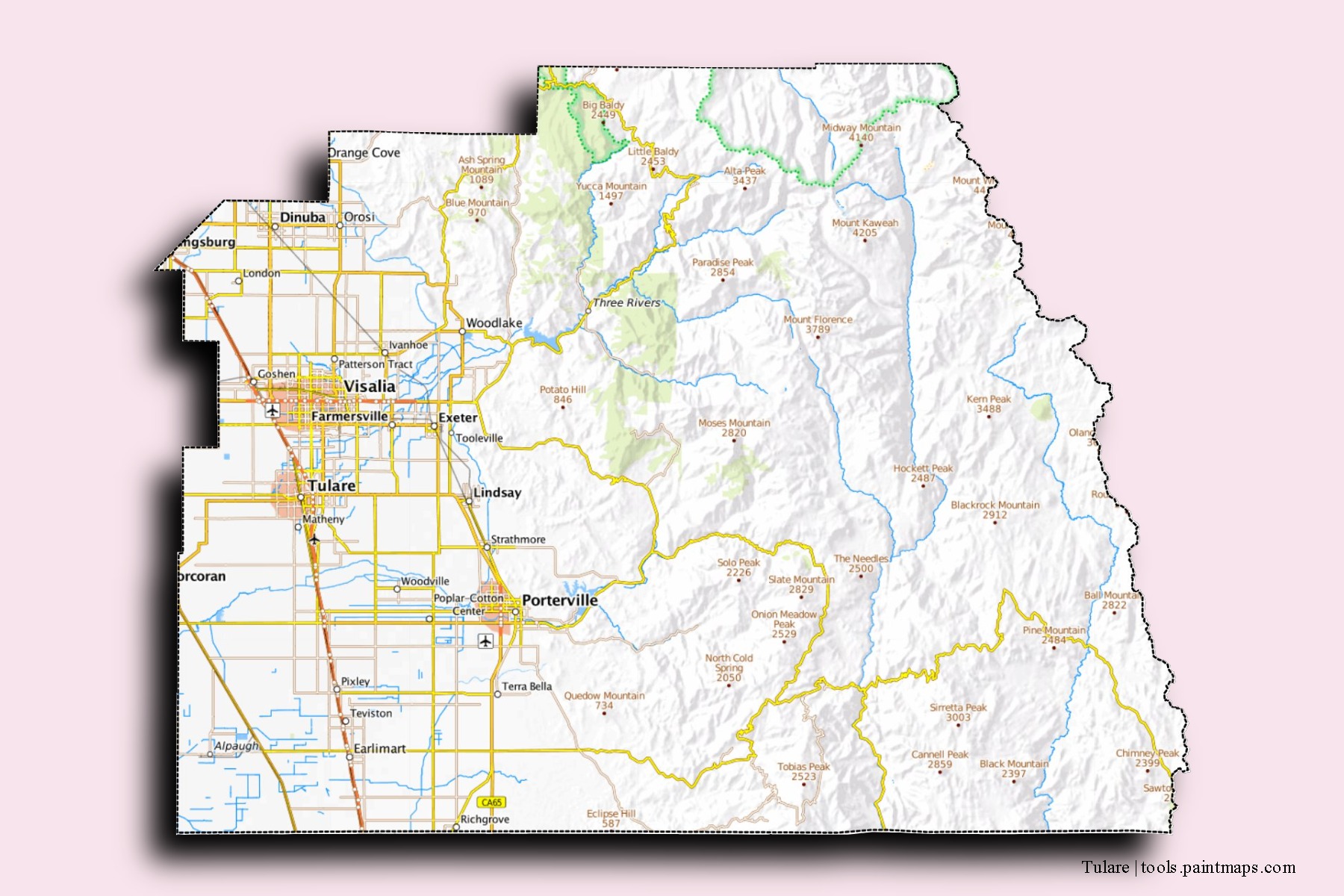 Mapa de barrios y pueblos de Tulare con efecto de sombra 3D