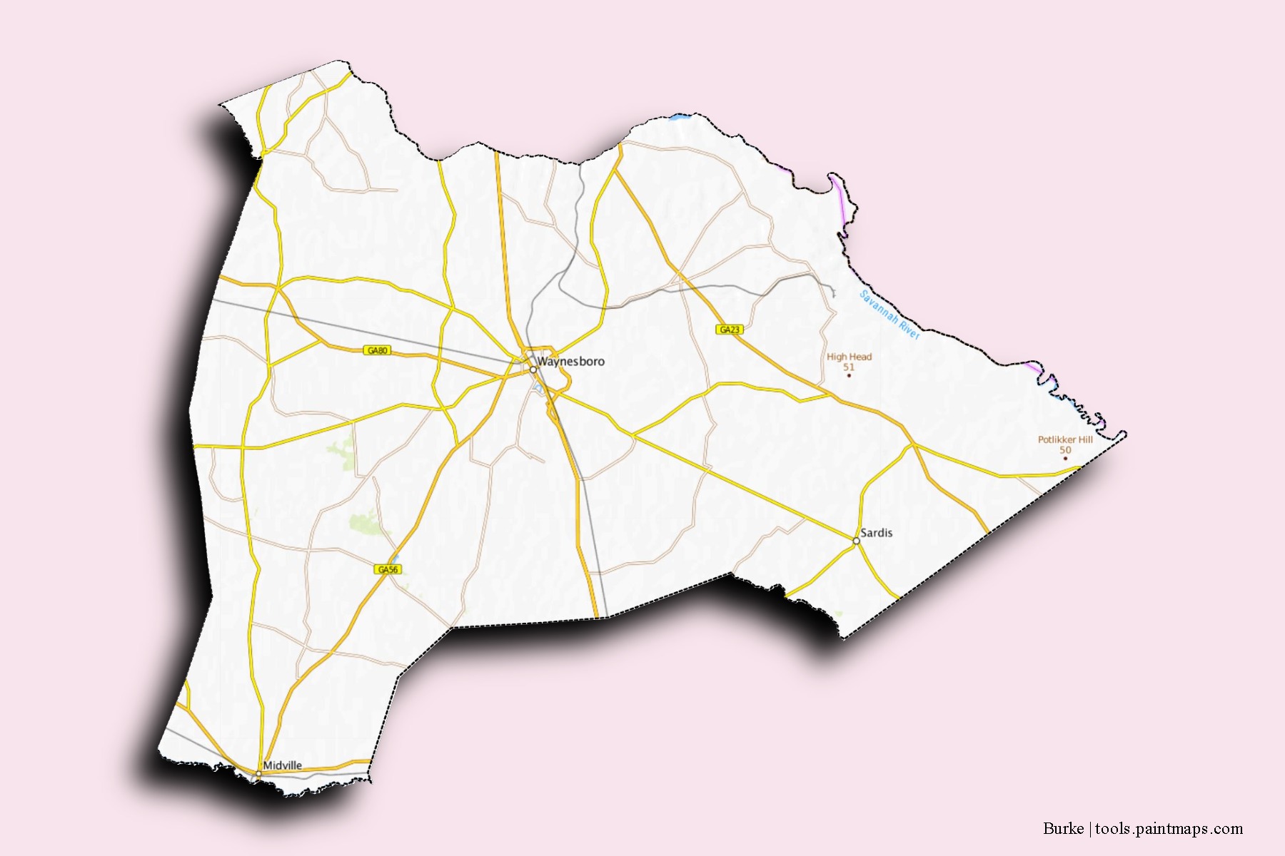 Burke neighborhoods and villages map with 3D shadow effect