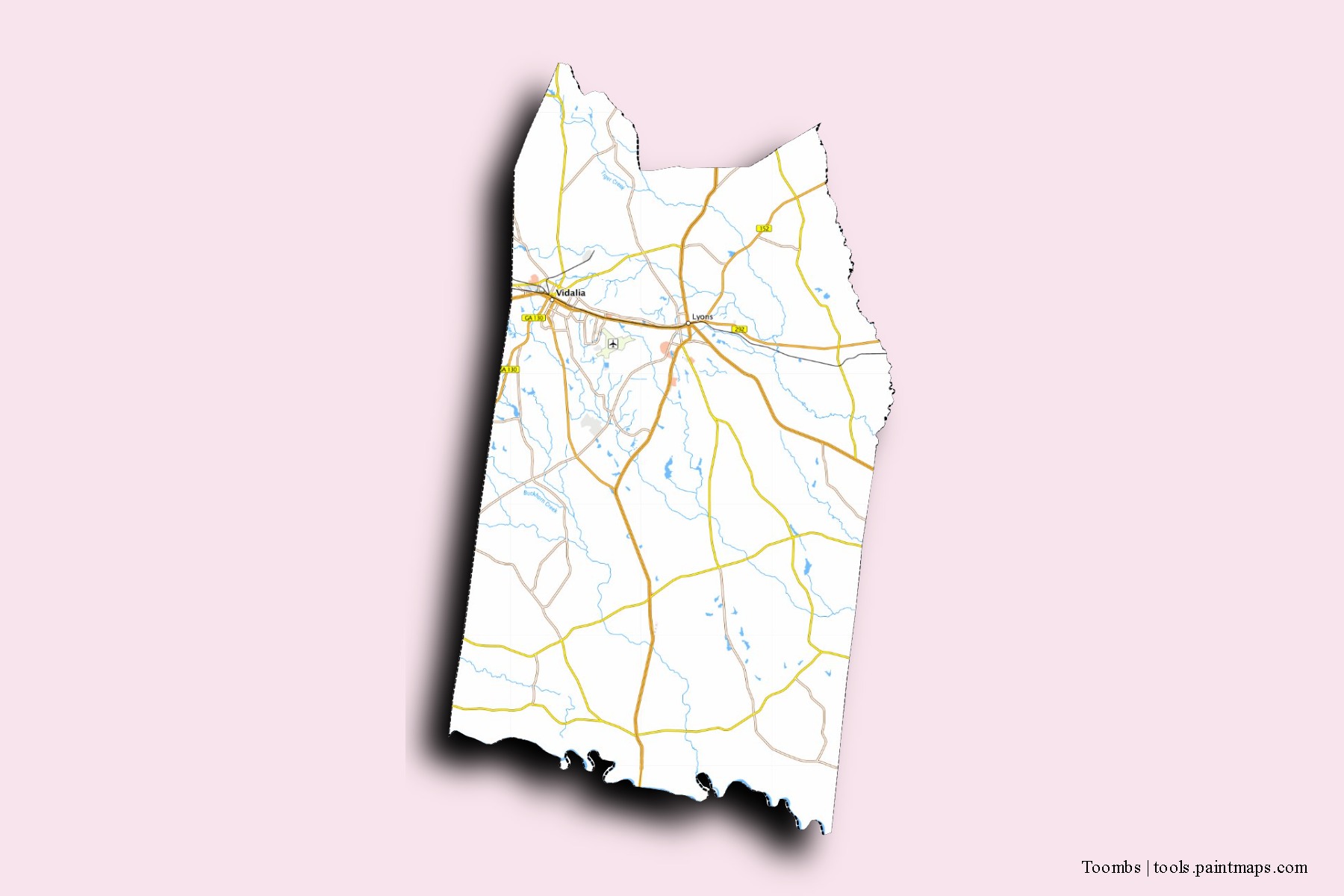 Mapa de barrios y pueblos de Toombs con efecto de sombra 3D