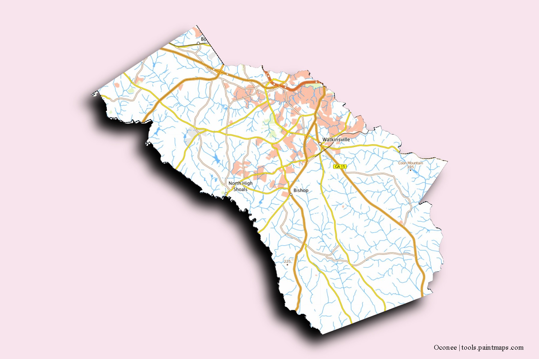 Mapa de barrios y pueblos de Oconee con efecto de sombra 3D