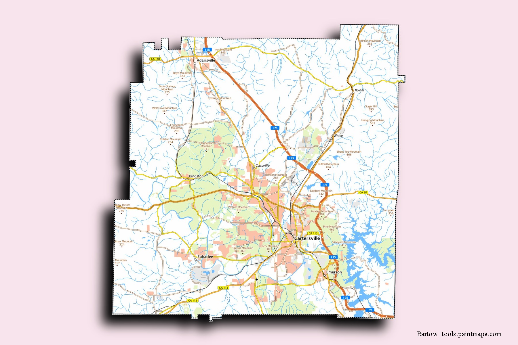 Bartow neighborhoods and villages map with 3D shadow effect