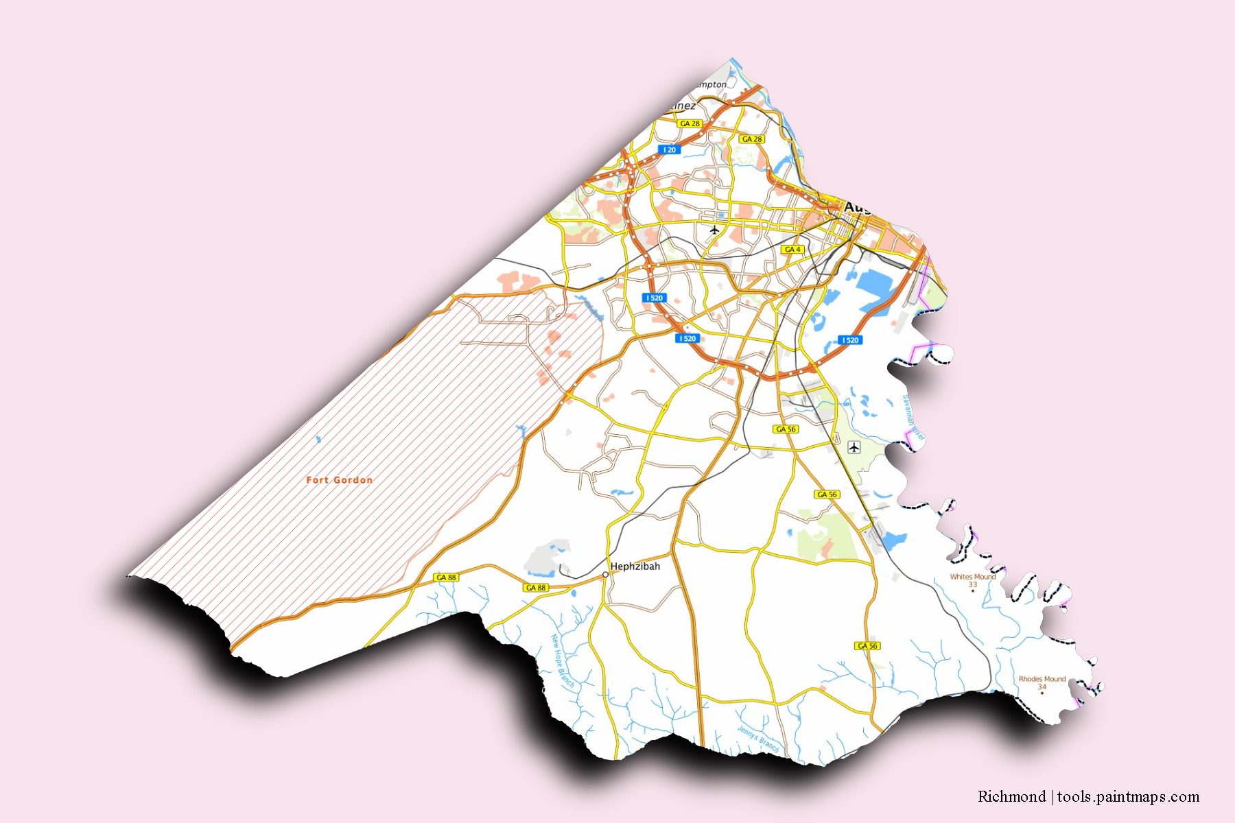 Mapa de barrios y pueblos de Richmond con efecto de sombra 3D