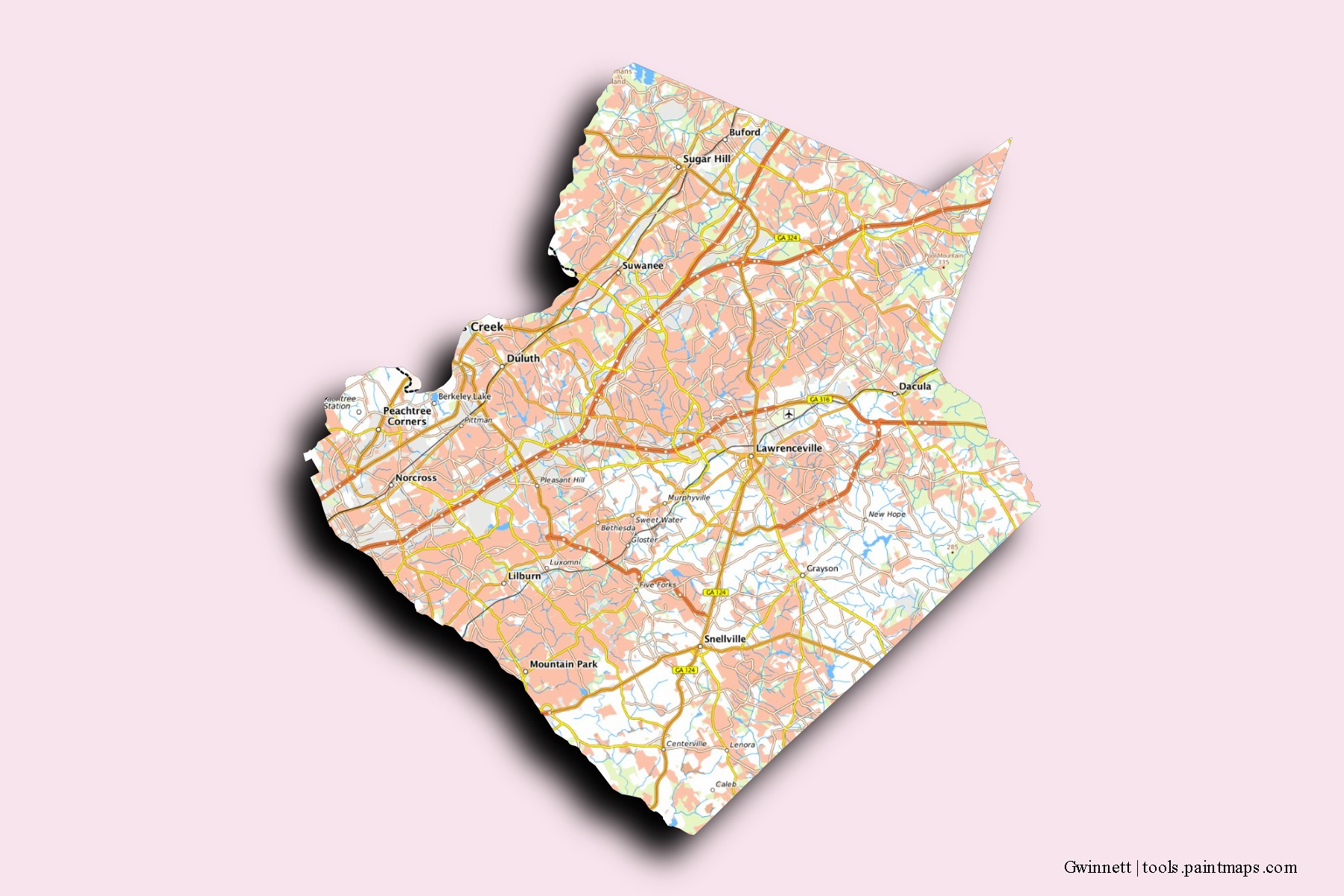 Gwinnett neighborhoods and villages map with 3D shadow effect