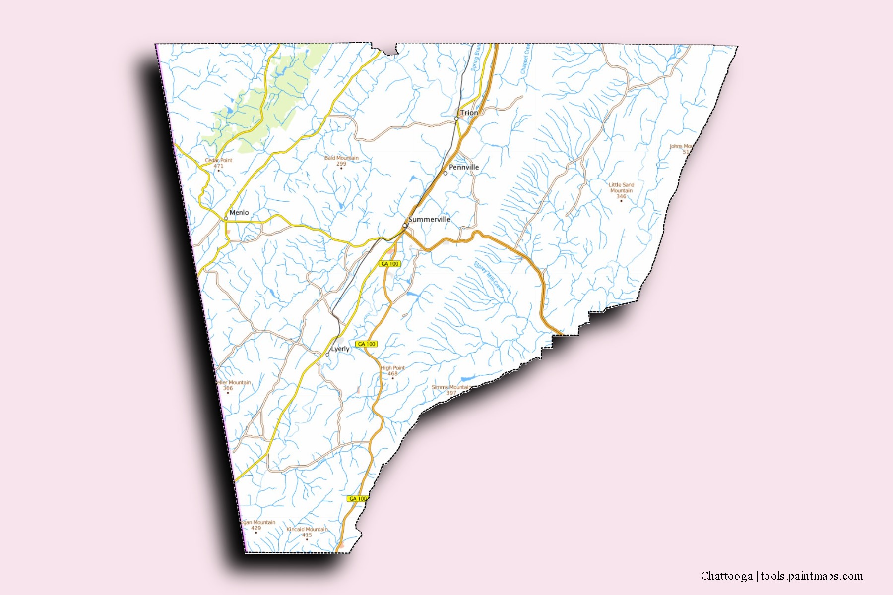 Chattooga neighborhoods and villages map with 3D shadow effect