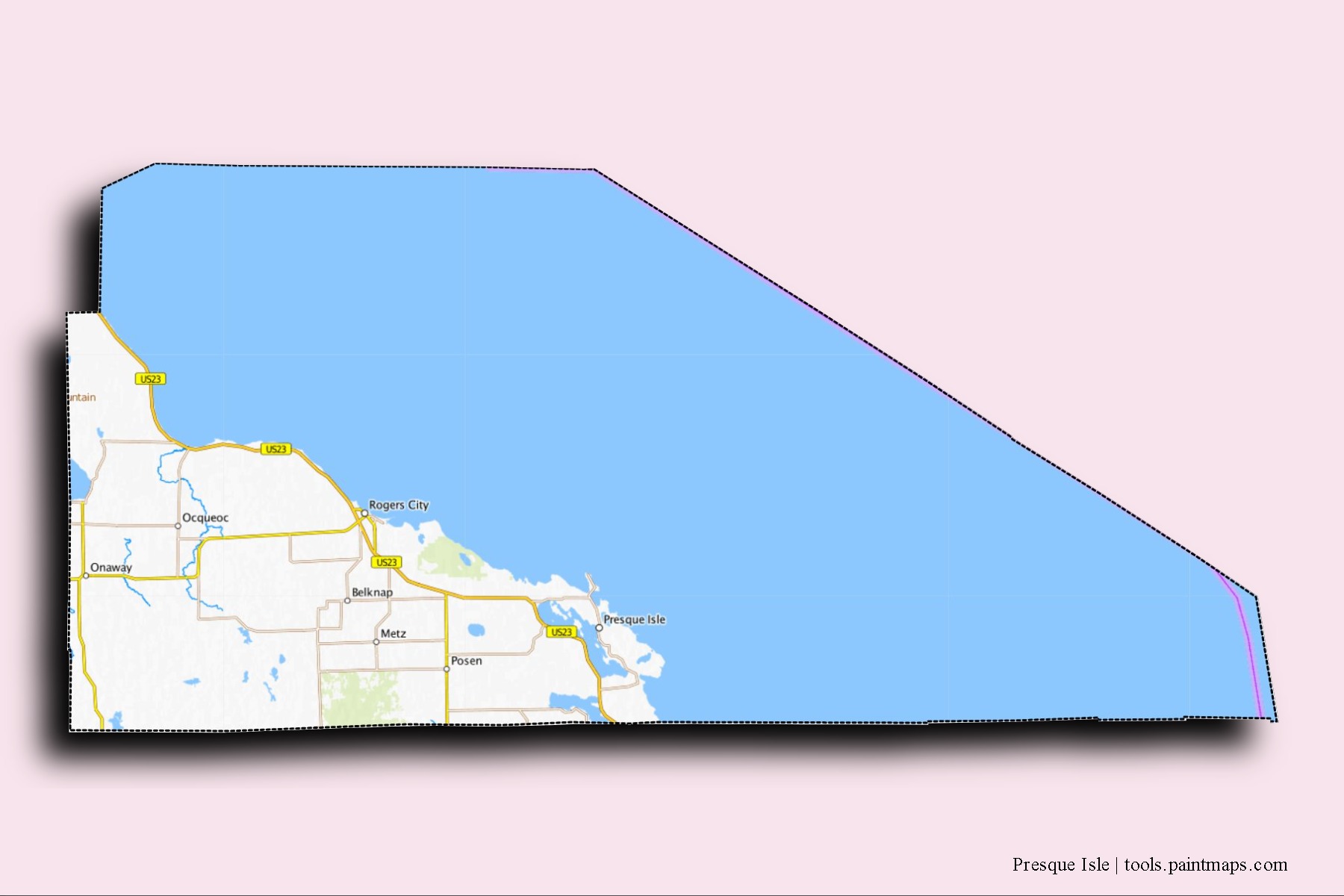 Mapa de barrios y pueblos de Presque Isle con efecto de sombra 3D