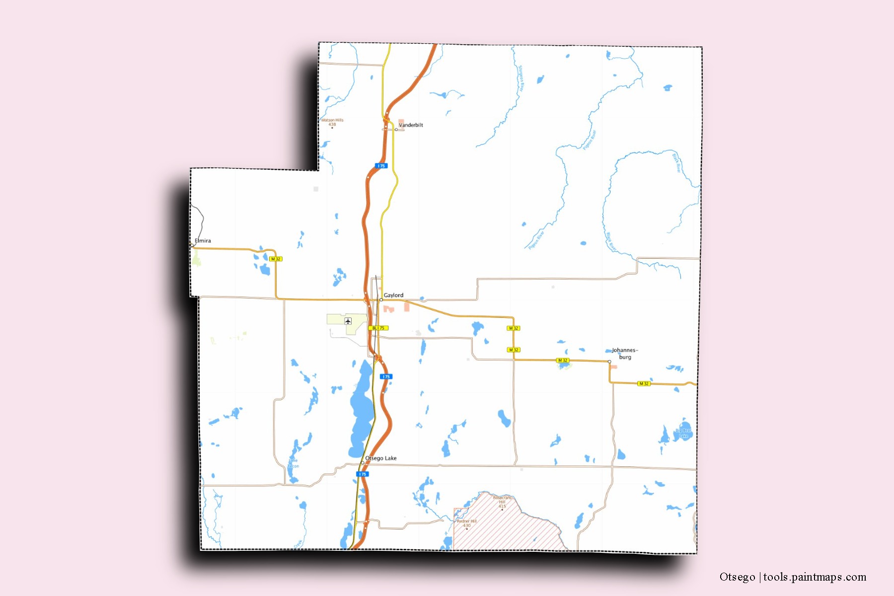 Otsego neighborhoods and villages map with 3D shadow effect