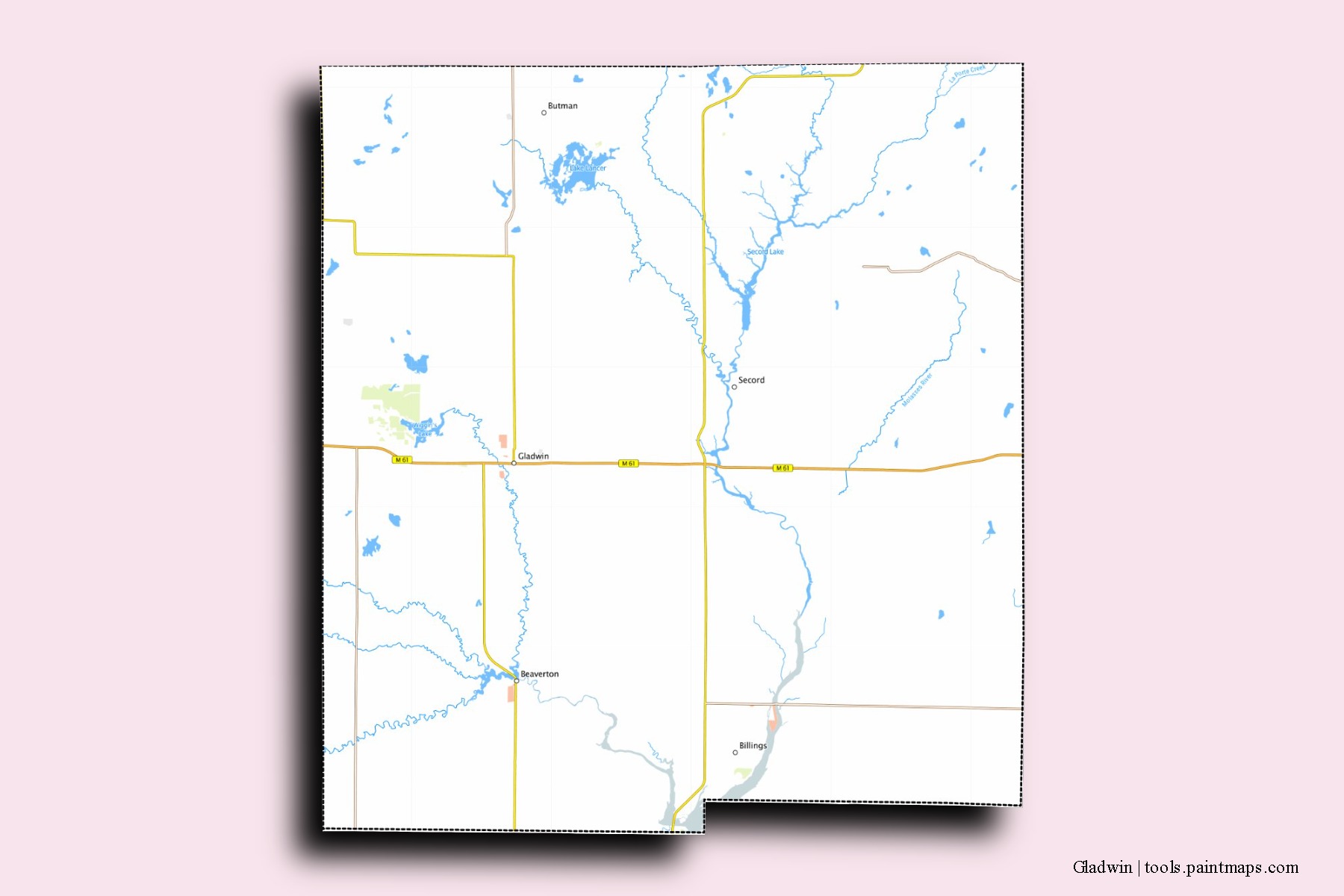 Gladwin neighborhoods and villages map with 3D shadow effect