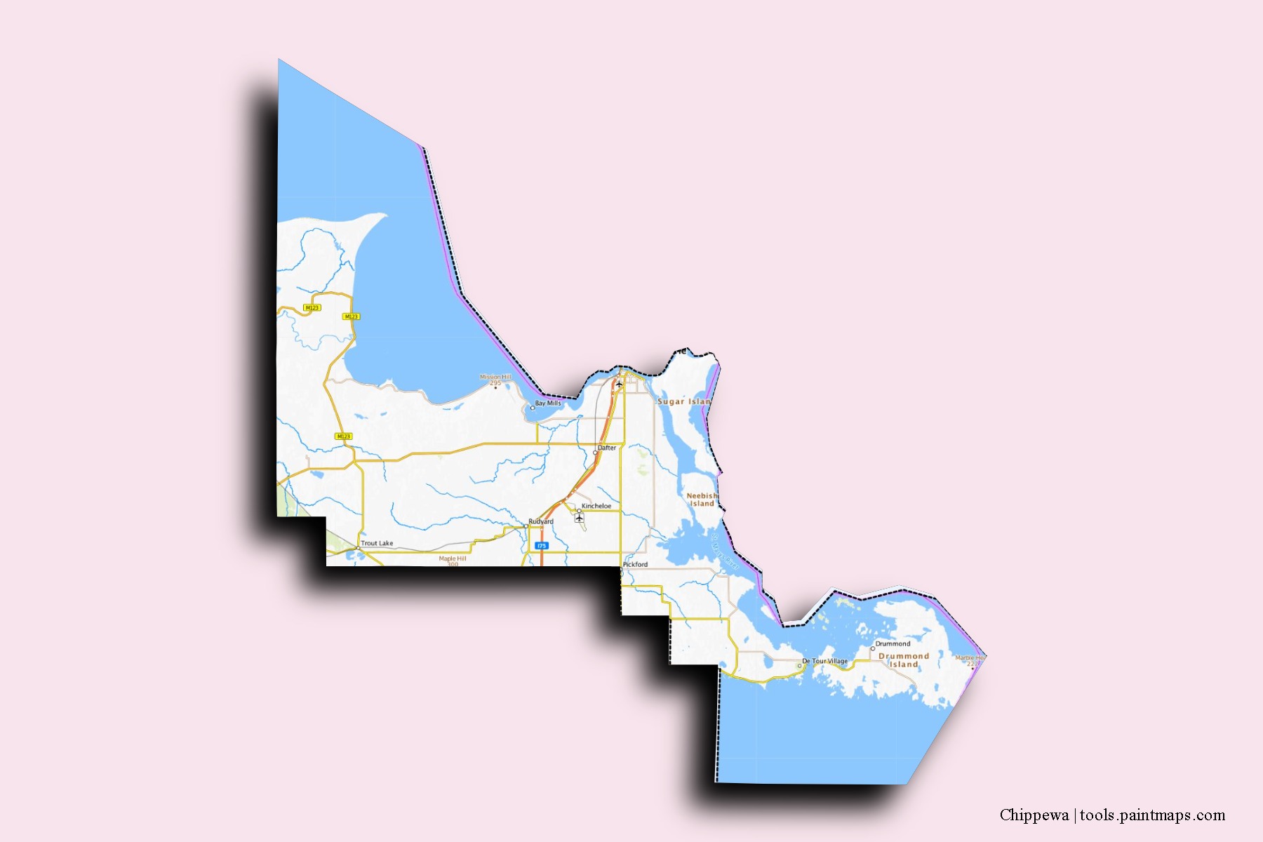 Mapa de barrios y pueblos de Chippewa con efecto de sombra 3D