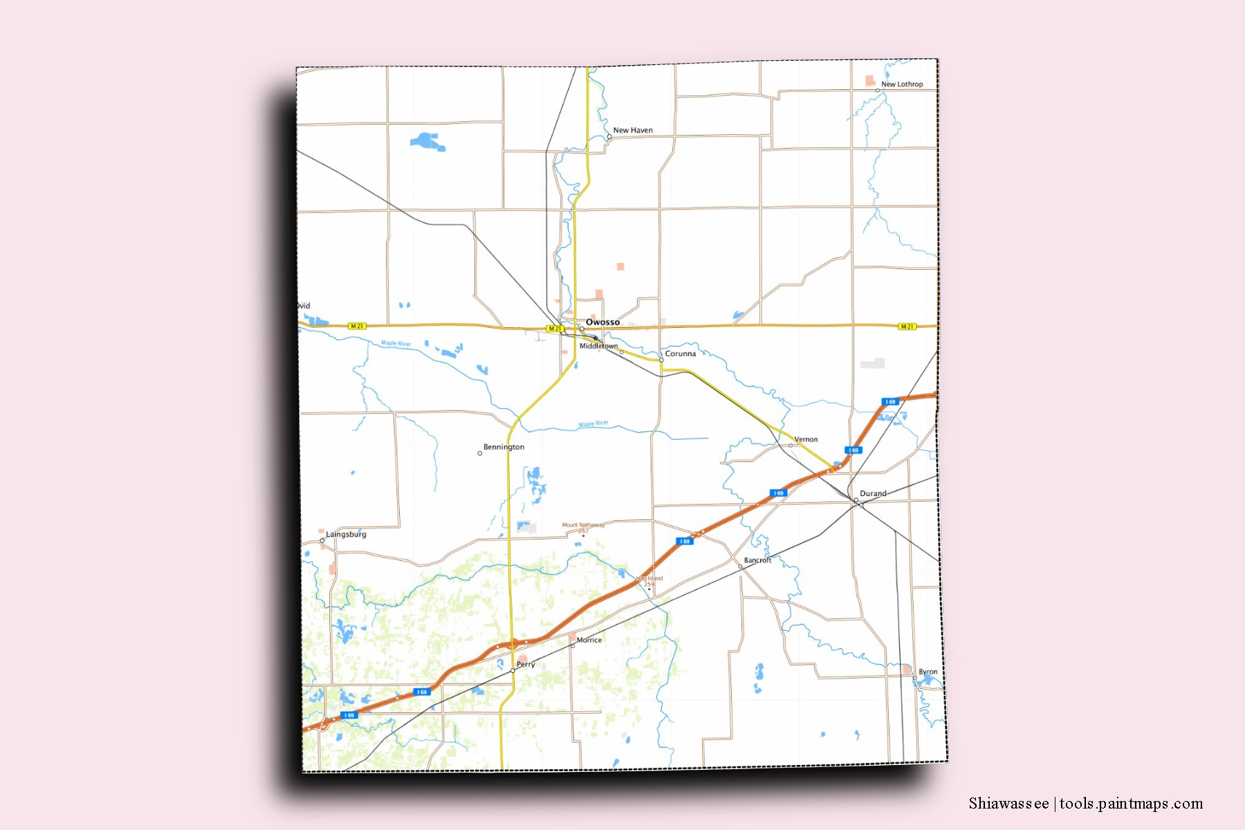 Shiawassee neighborhoods and villages map with 3D shadow effect