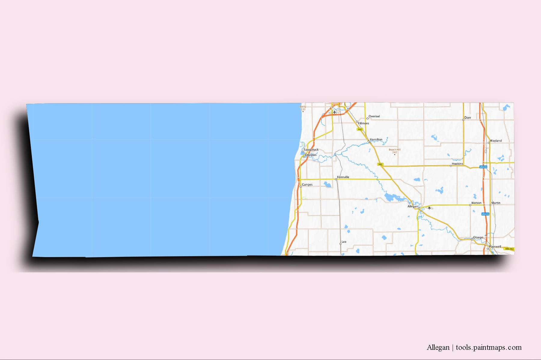 Allegan neighborhoods and villages map with 3D shadow effect