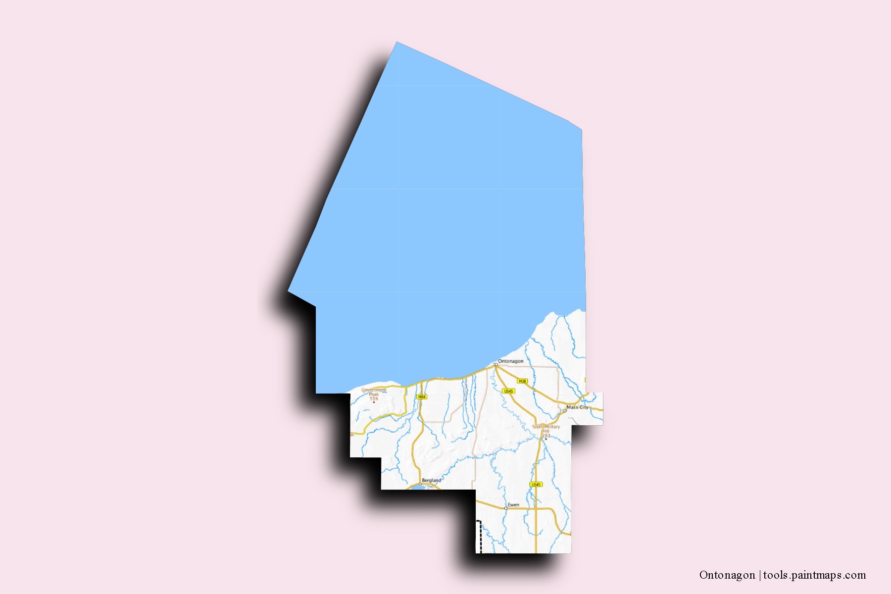 Ontonagon neighborhoods and villages map with 3D shadow effect