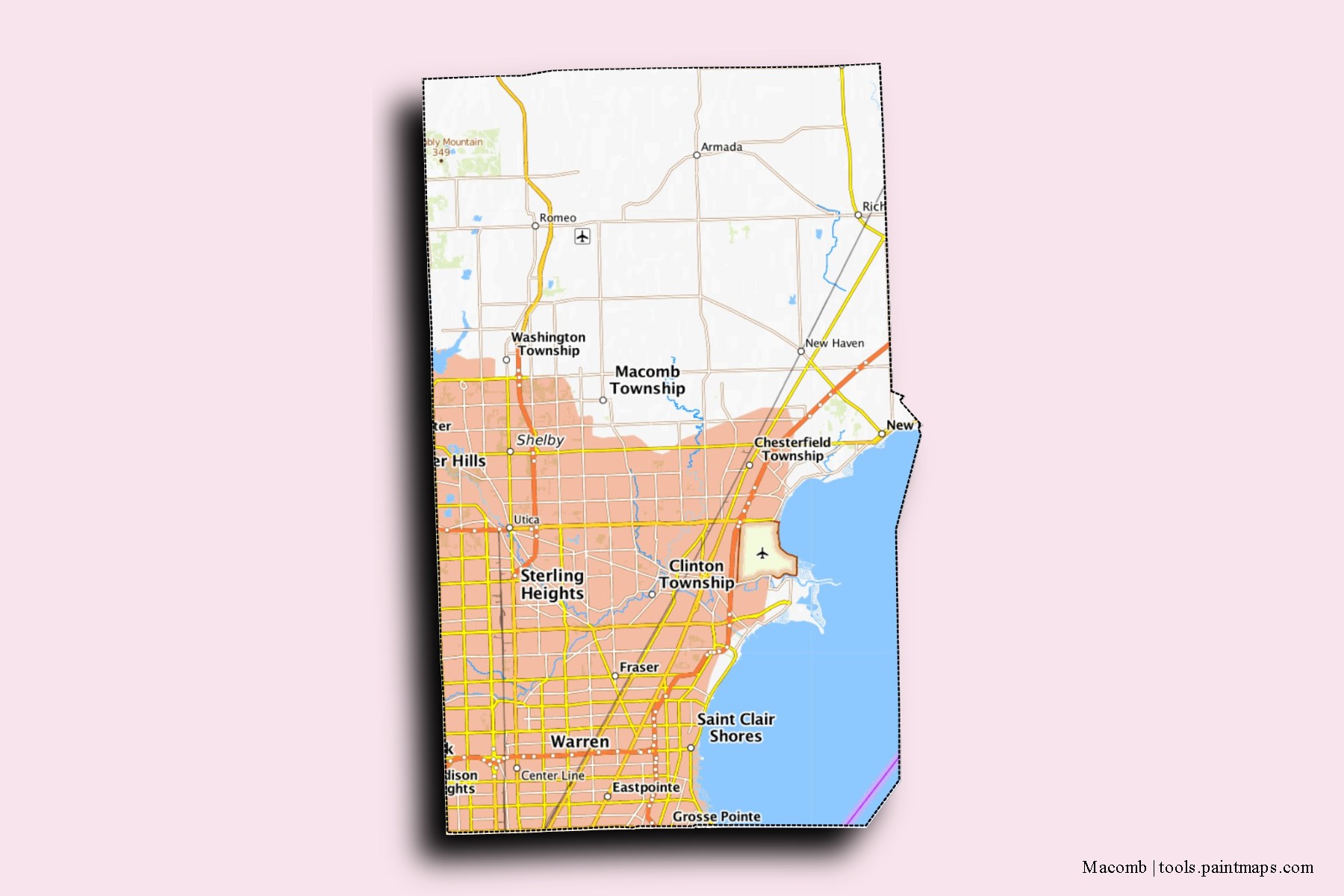 Macomb neighborhoods and villages map with 3D shadow effect