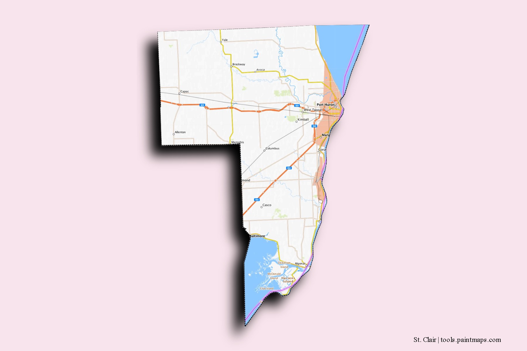 Mapa de barrios y pueblos de St. Clair con efecto de sombra 3D