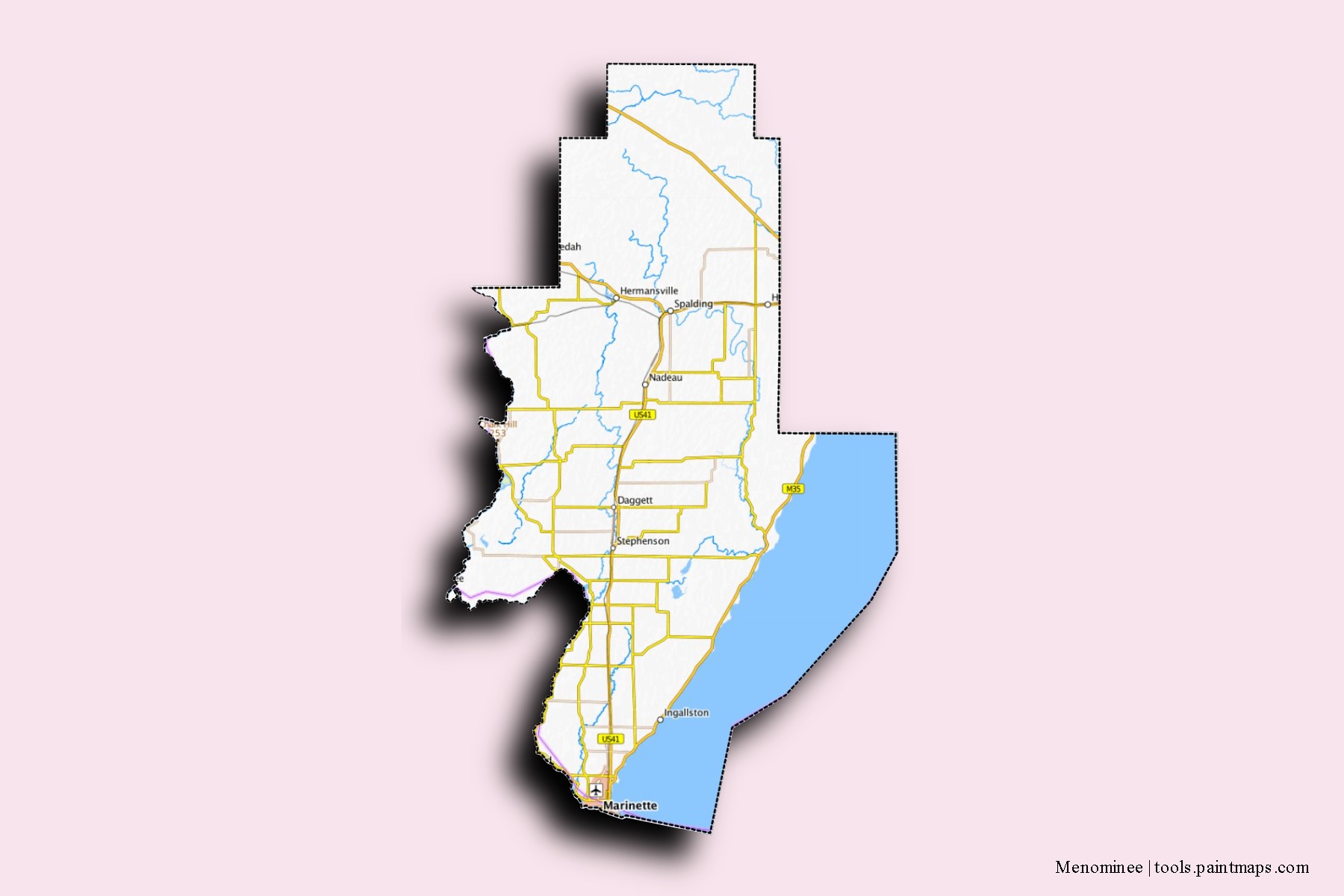 Menominee neighborhoods and villages map with 3D shadow effect