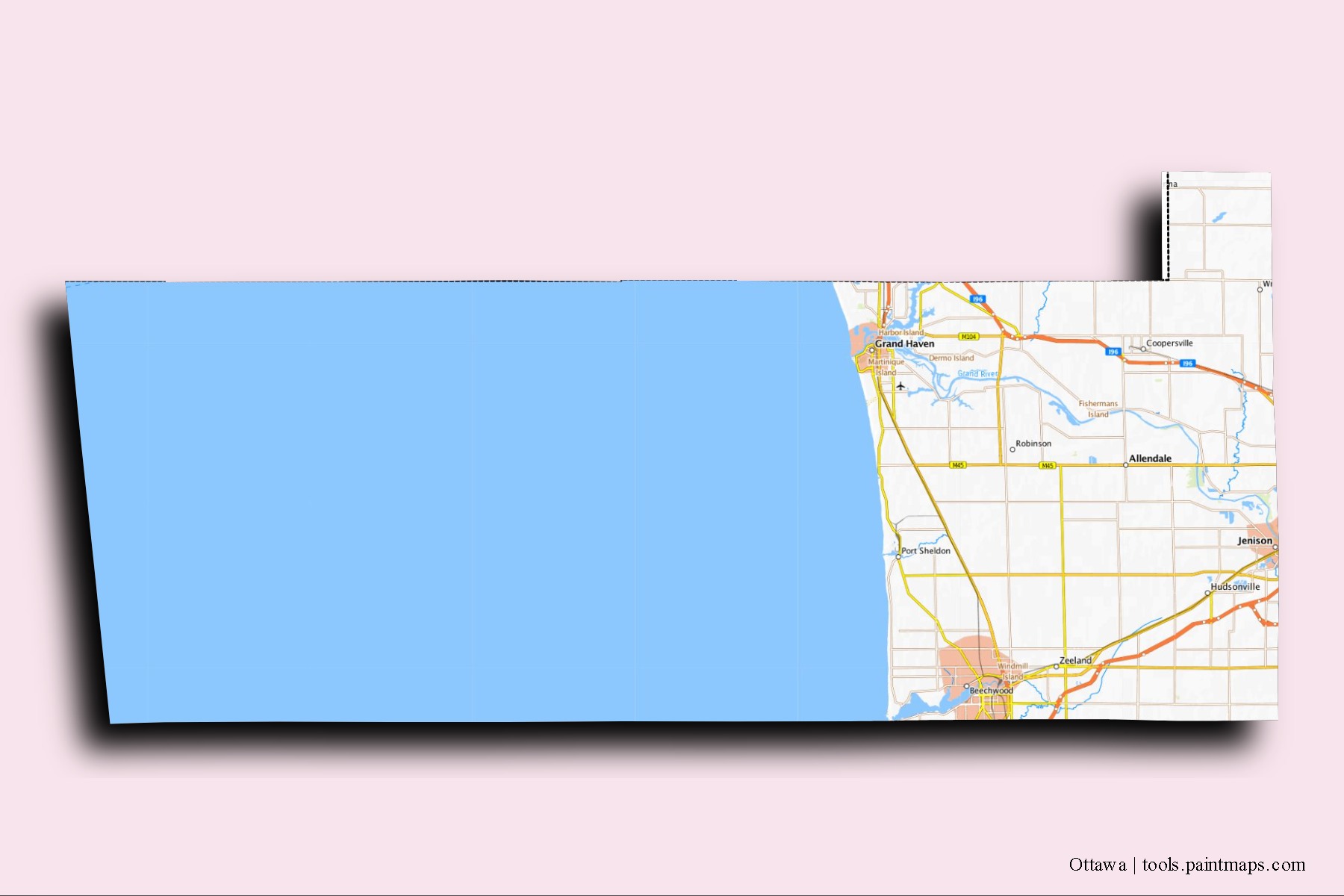 3D gölge efektli Ottawa County mahalleleri ve köyleri haritası