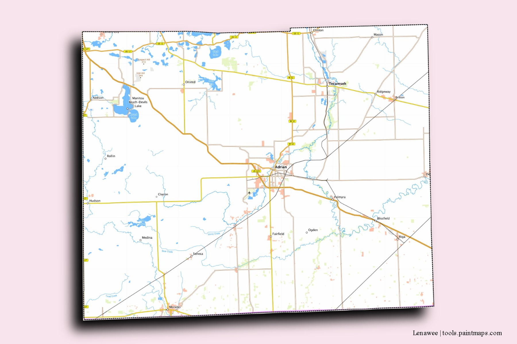 Lenawee neighborhoods and villages map with 3D shadow effect