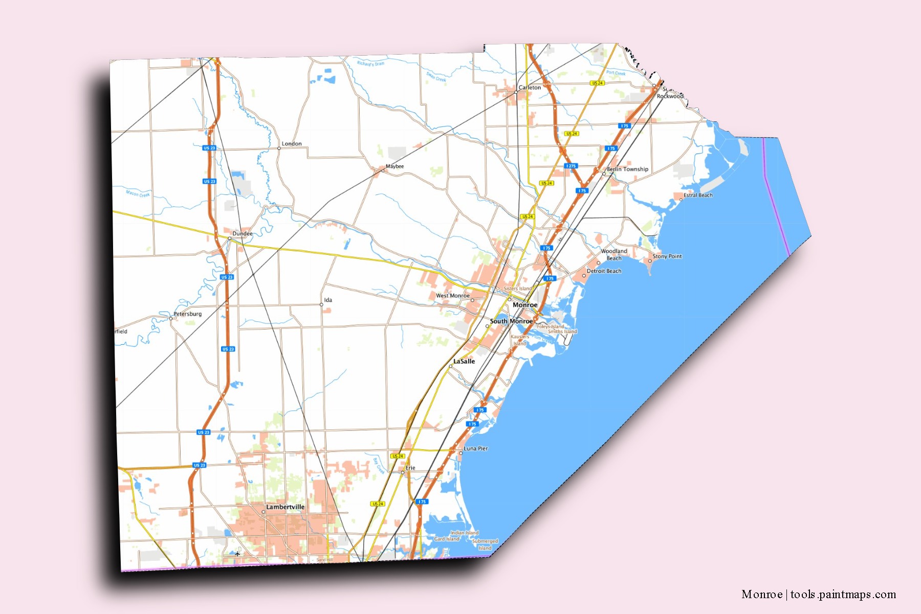 Monroe neighborhoods and villages map with 3D shadow effect