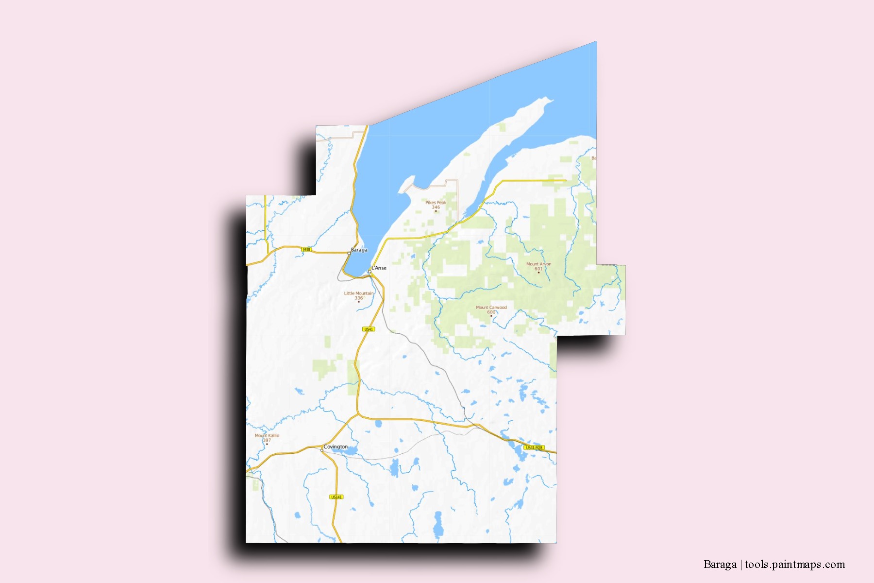 Baraga neighborhoods and villages map with 3D shadow effect