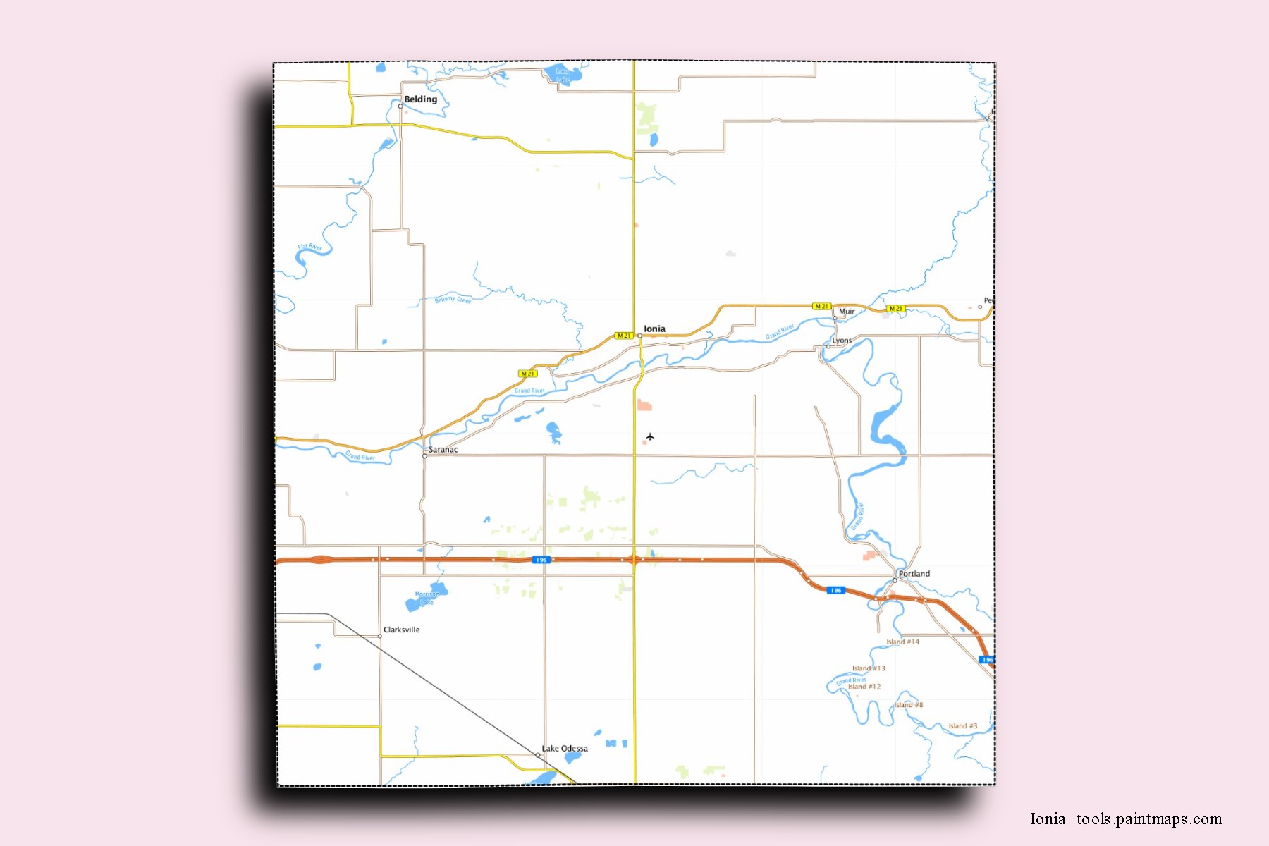 Ionia neighborhoods and villages map with 3D shadow effect