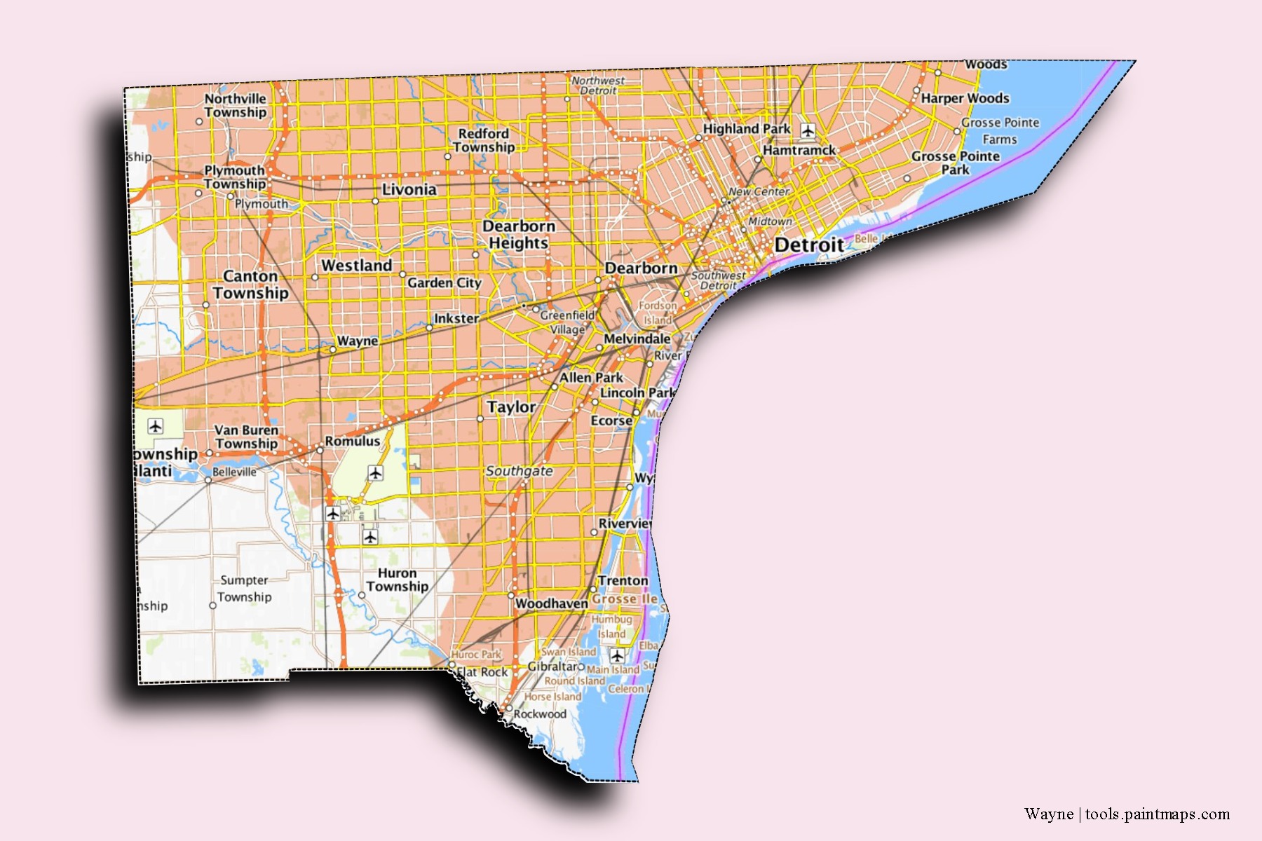 Wayne neighborhoods and villages map with 3D shadow effect