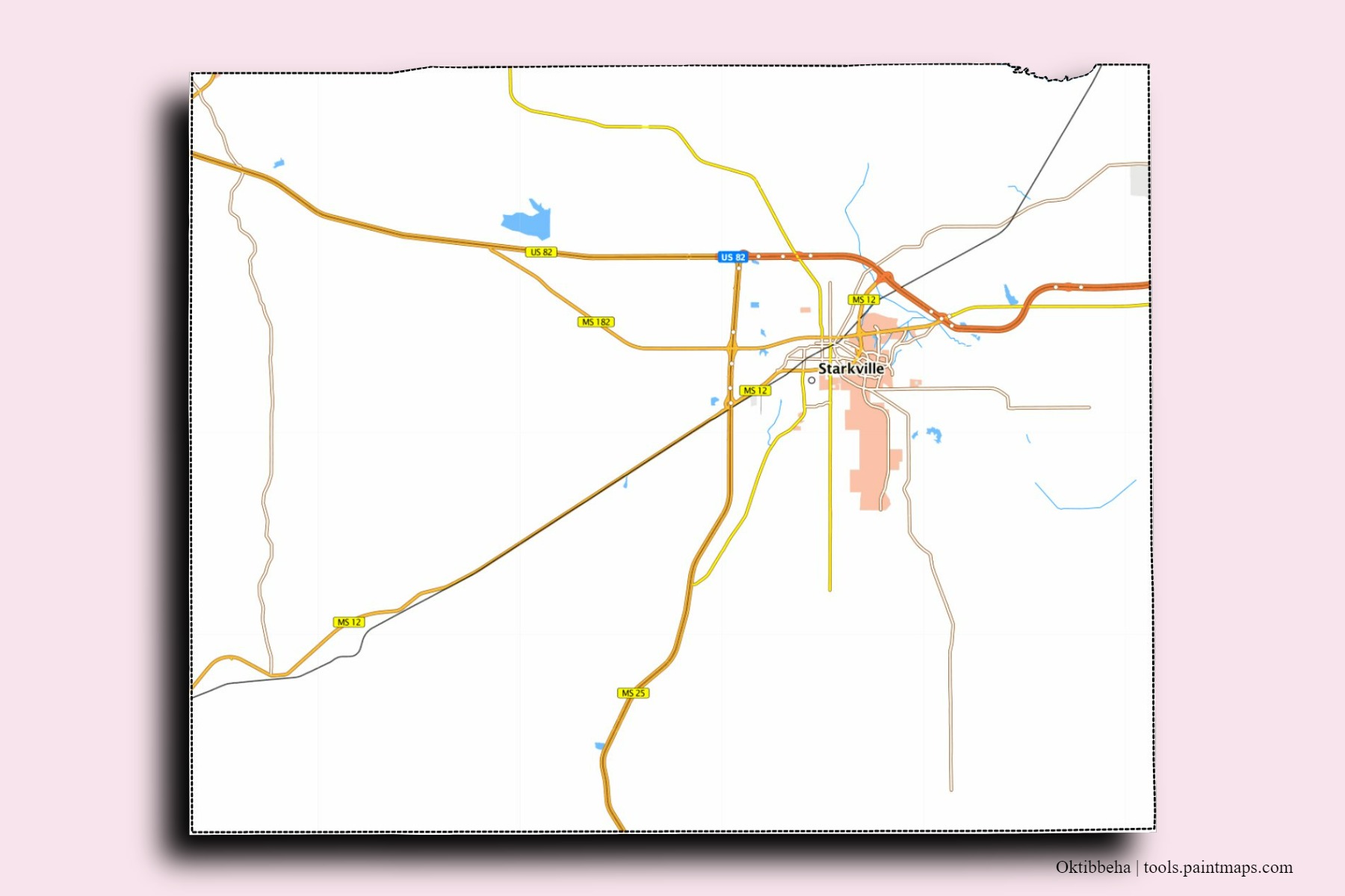 Oktibbeha neighborhoods and villages map with 3D shadow effect