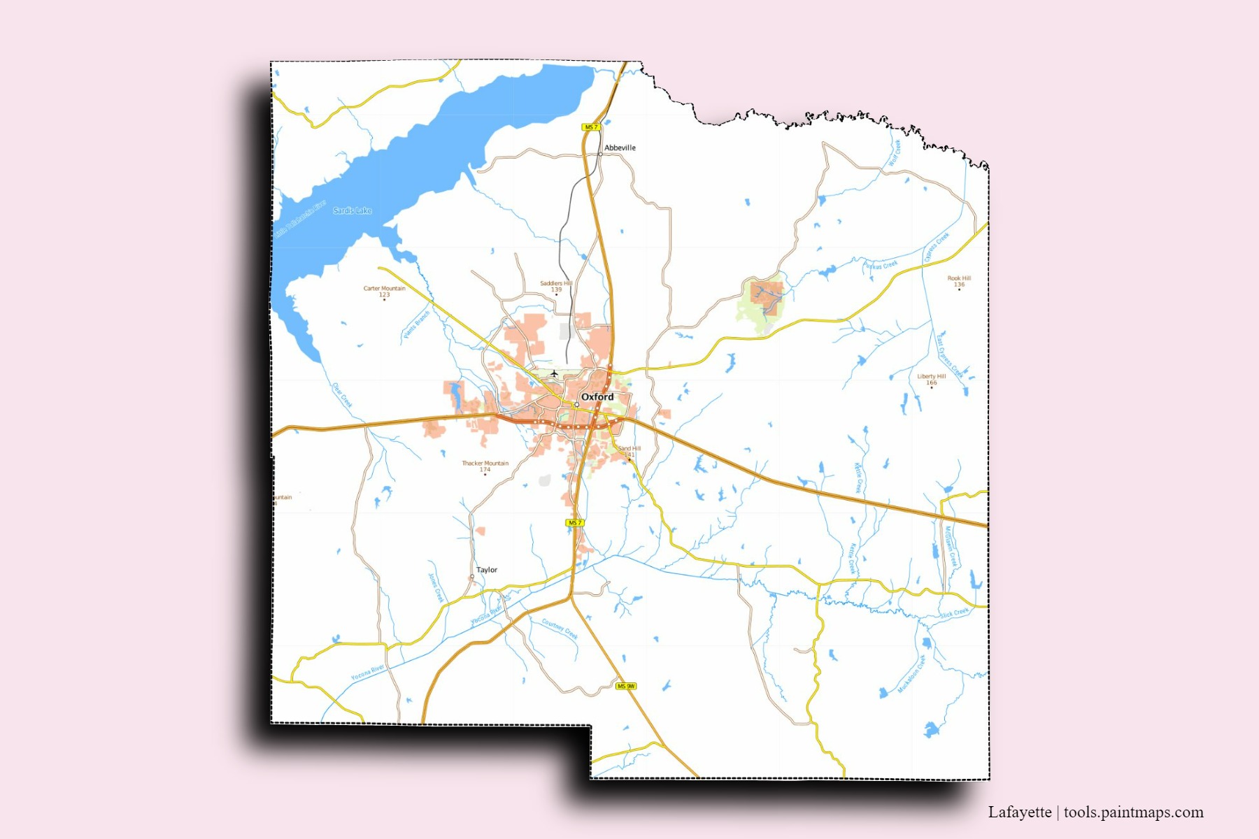 Mapa de barrios y pueblos de Lafayette con efecto de sombra 3D