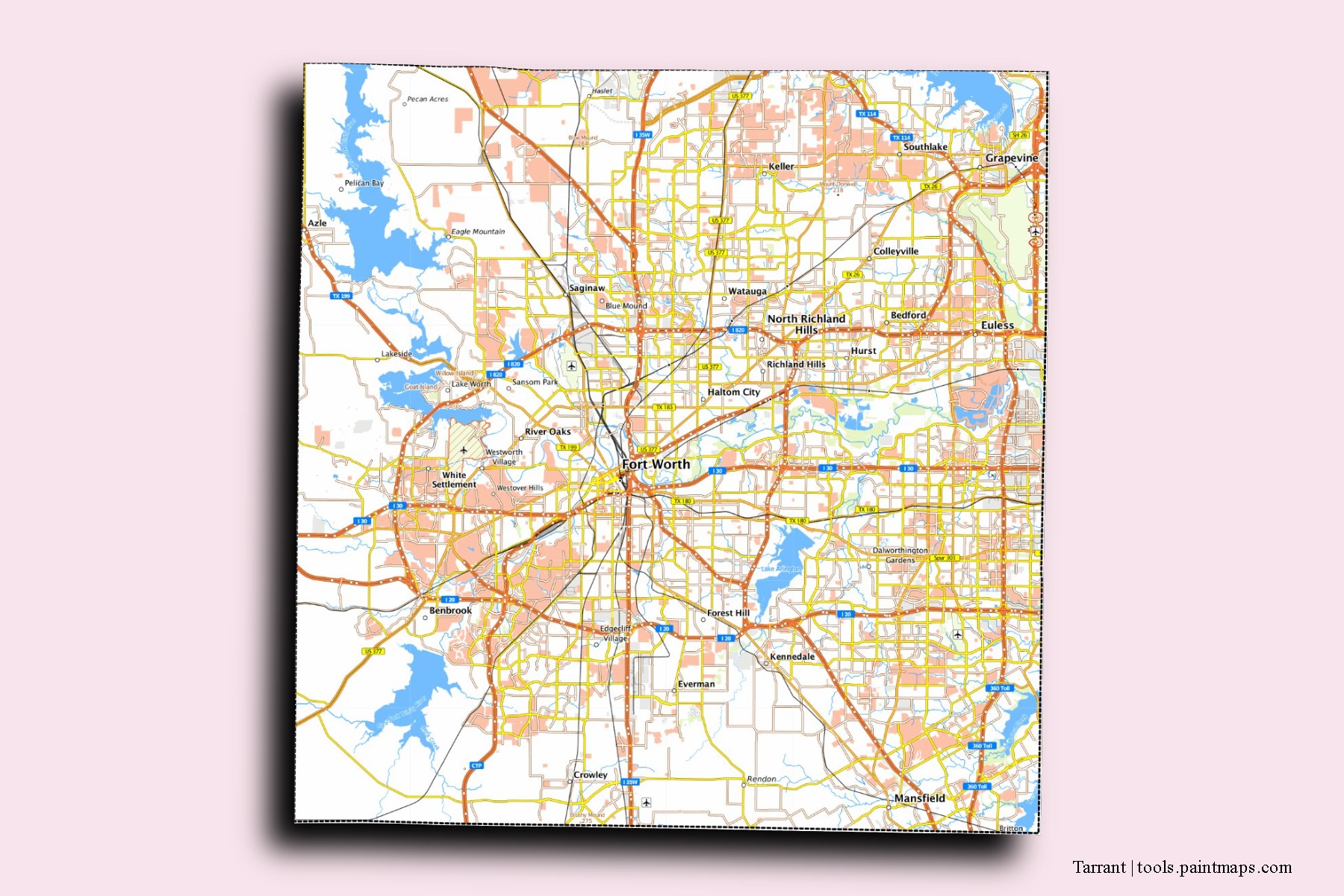 3D gölge efektli Tarrant County mahalleleri ve köyleri haritası