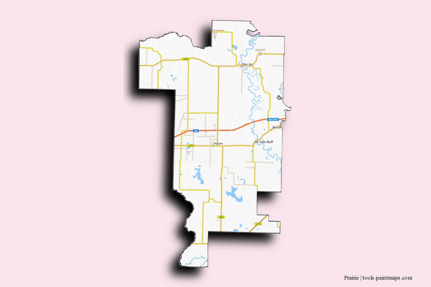 Mapa de barrios y pueblos de Prairie con efecto de sombra 3D