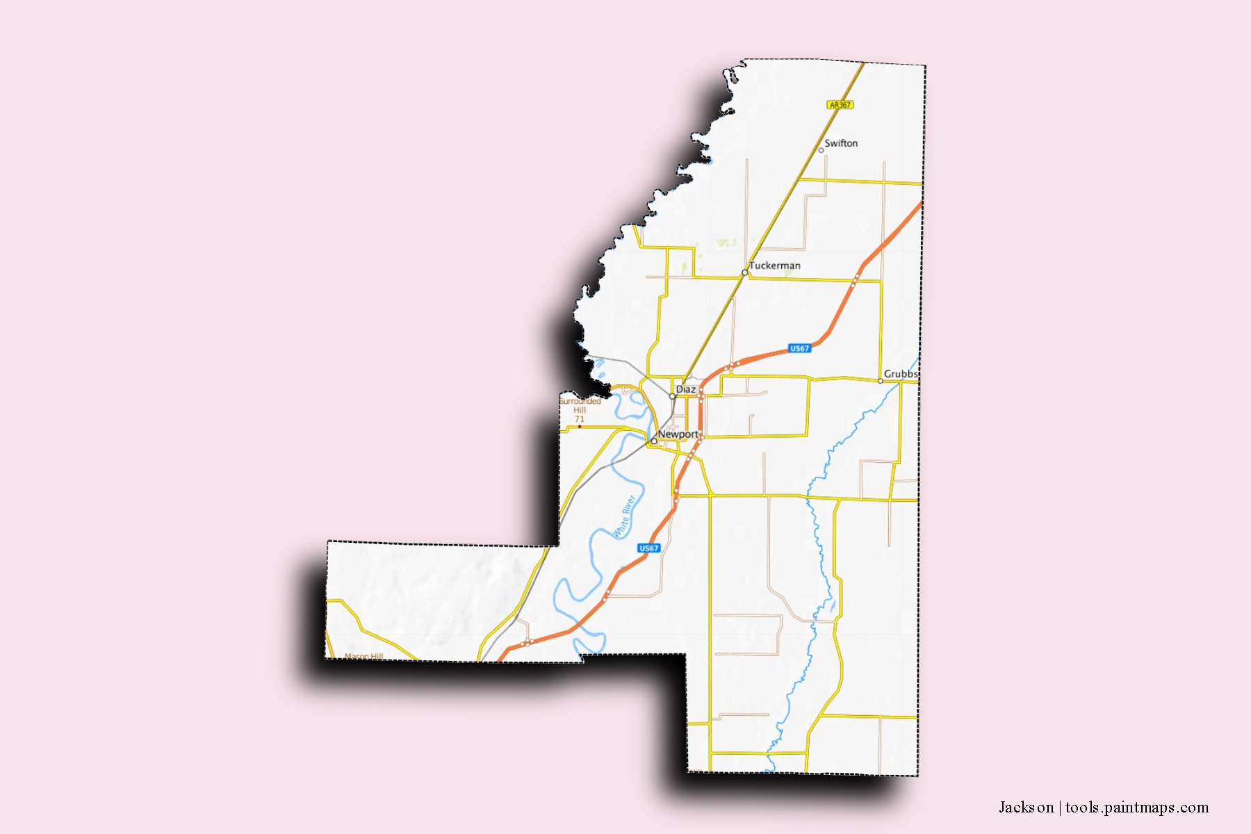 Jackson neighborhoods and villages map with 3D shadow effect