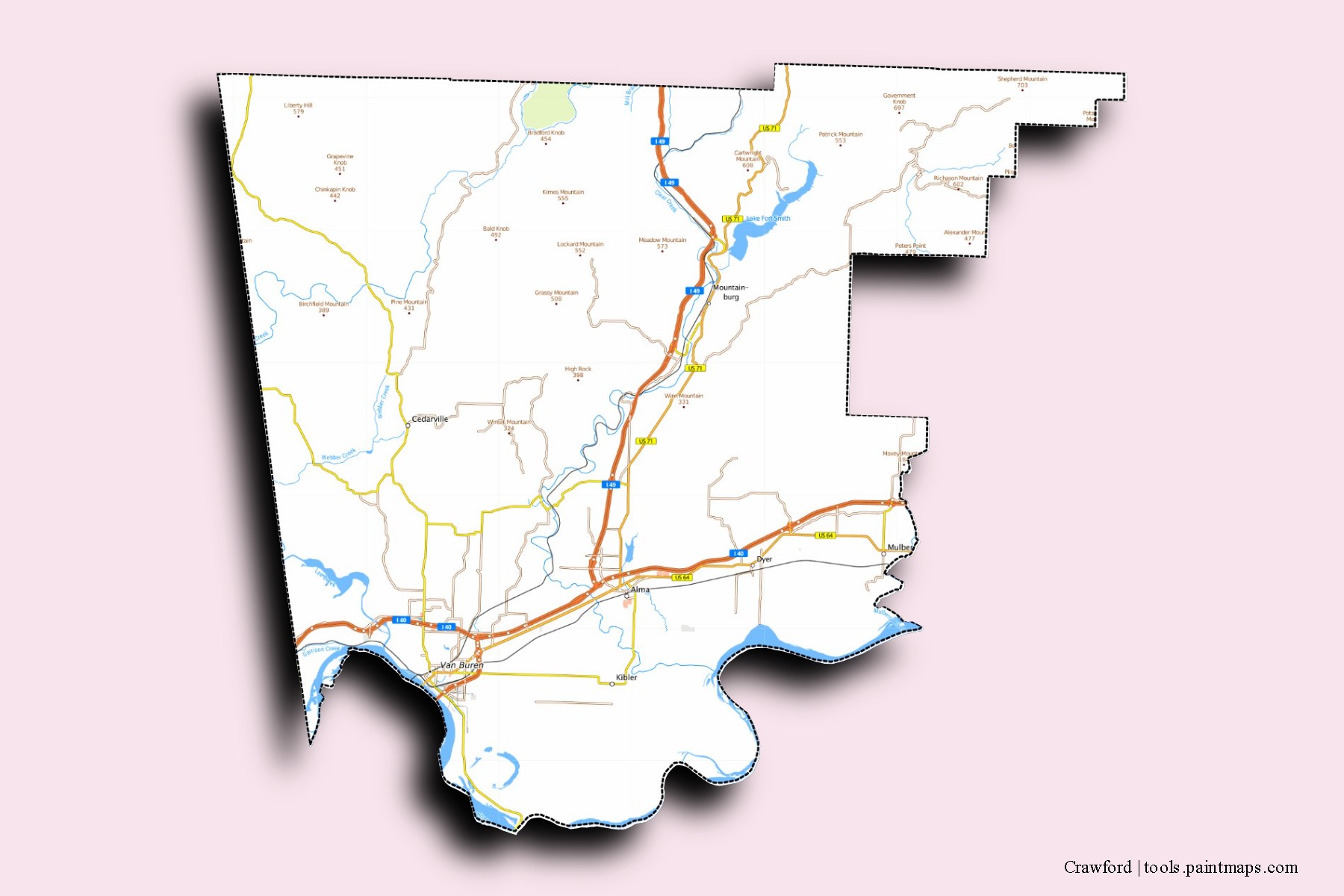 Mapa de barrios y pueblos de Crawford con efecto de sombra 3D