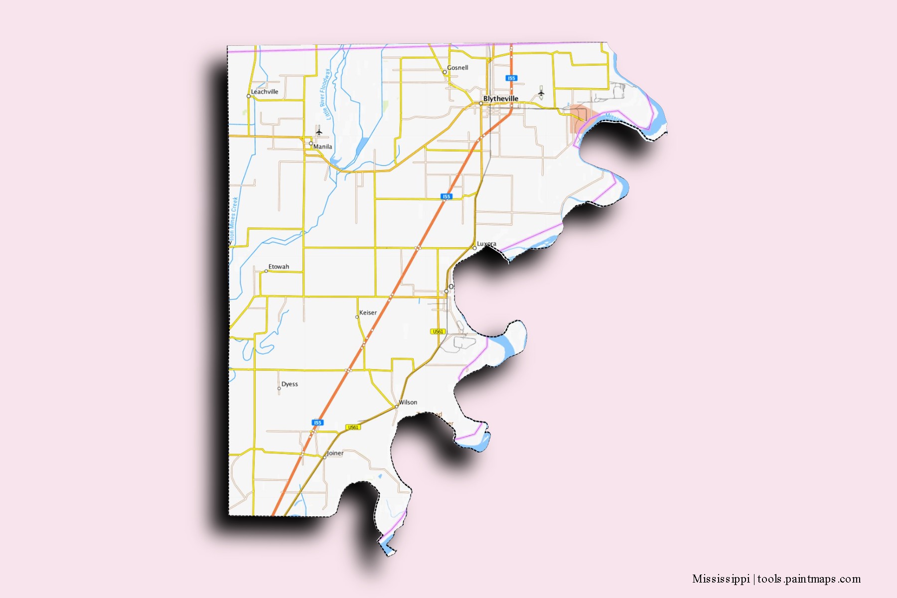 3D gölge efektli Mississippi mahalleleri ve köyleri haritası